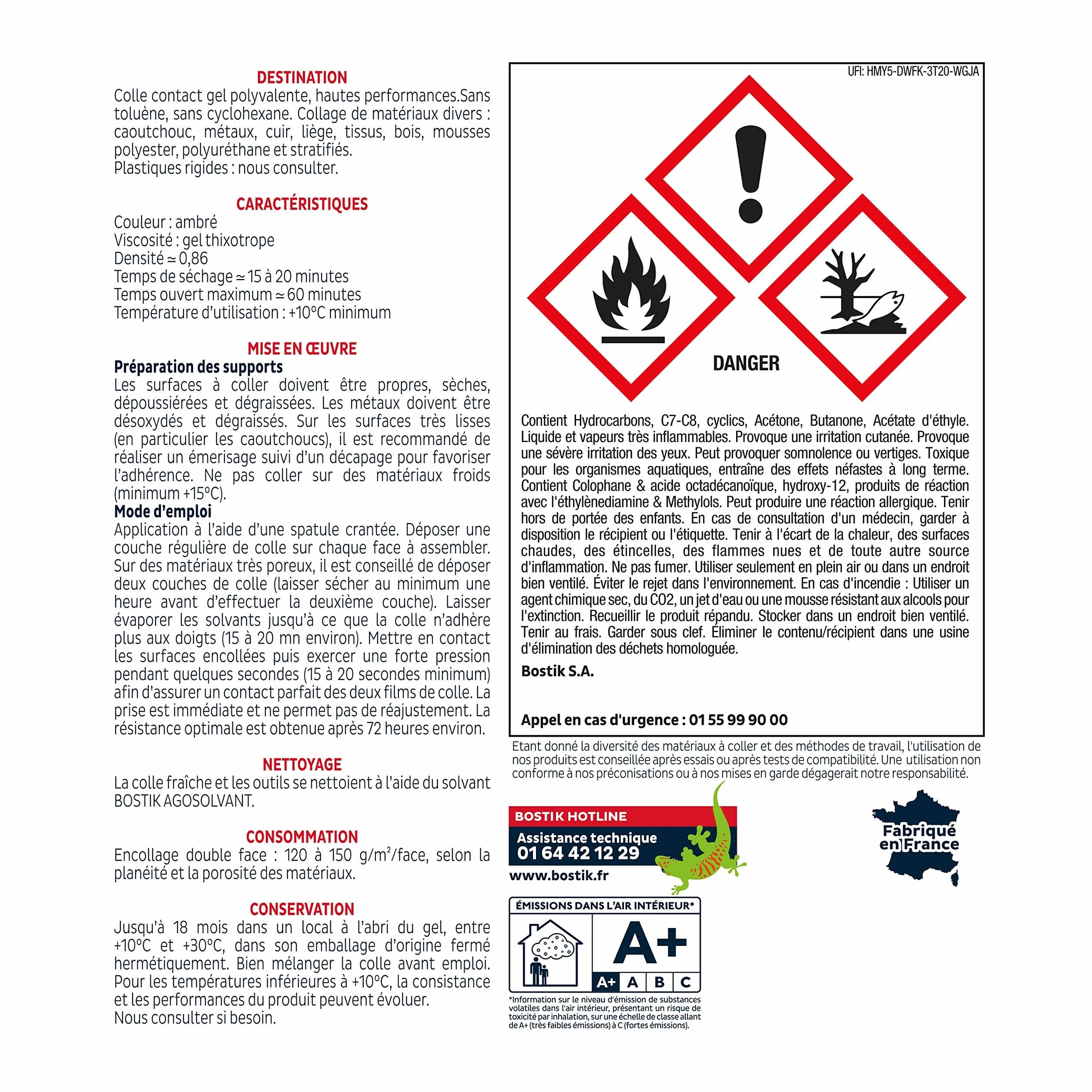 Bostik 1400 Colle Contact Gel Multi-Usages – Colle néoprène – Prise Immédiate Puissante – Durcisseur Incorporé – Couleur : Ambré – Tube de 125ml
