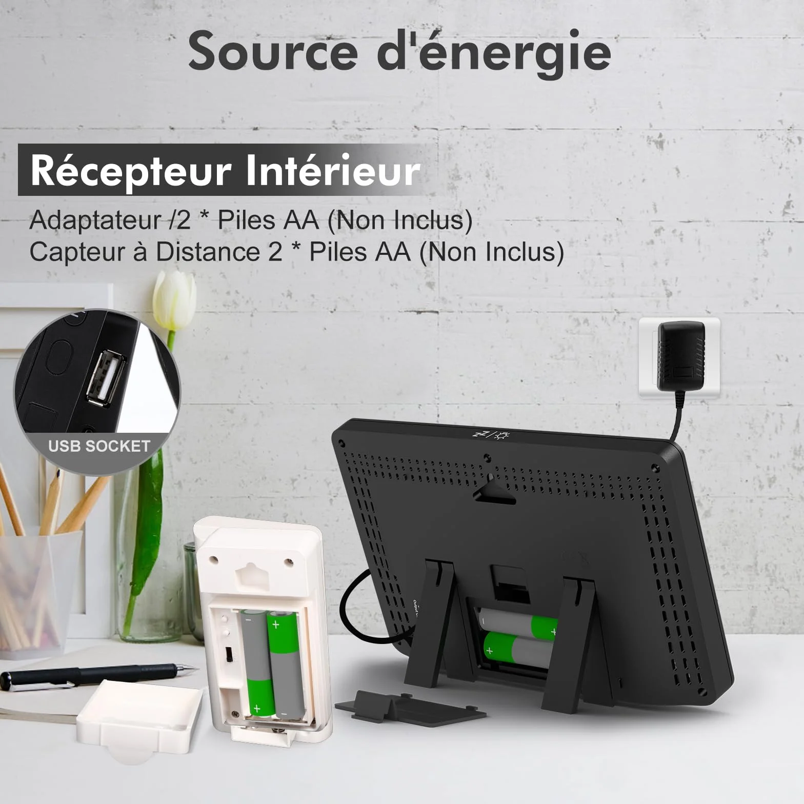 Station Météo Sans Fil avec 3 Capteurs Intérieur Extérieur, Écran LCD Rétroéclairage Réglable, Baromètre, Réveil, Prévisions