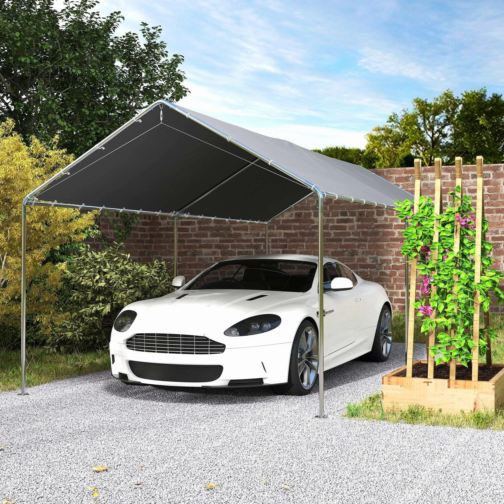 Outsunny Carport 6x3 m Acier galvanisé Toit PE Gris
