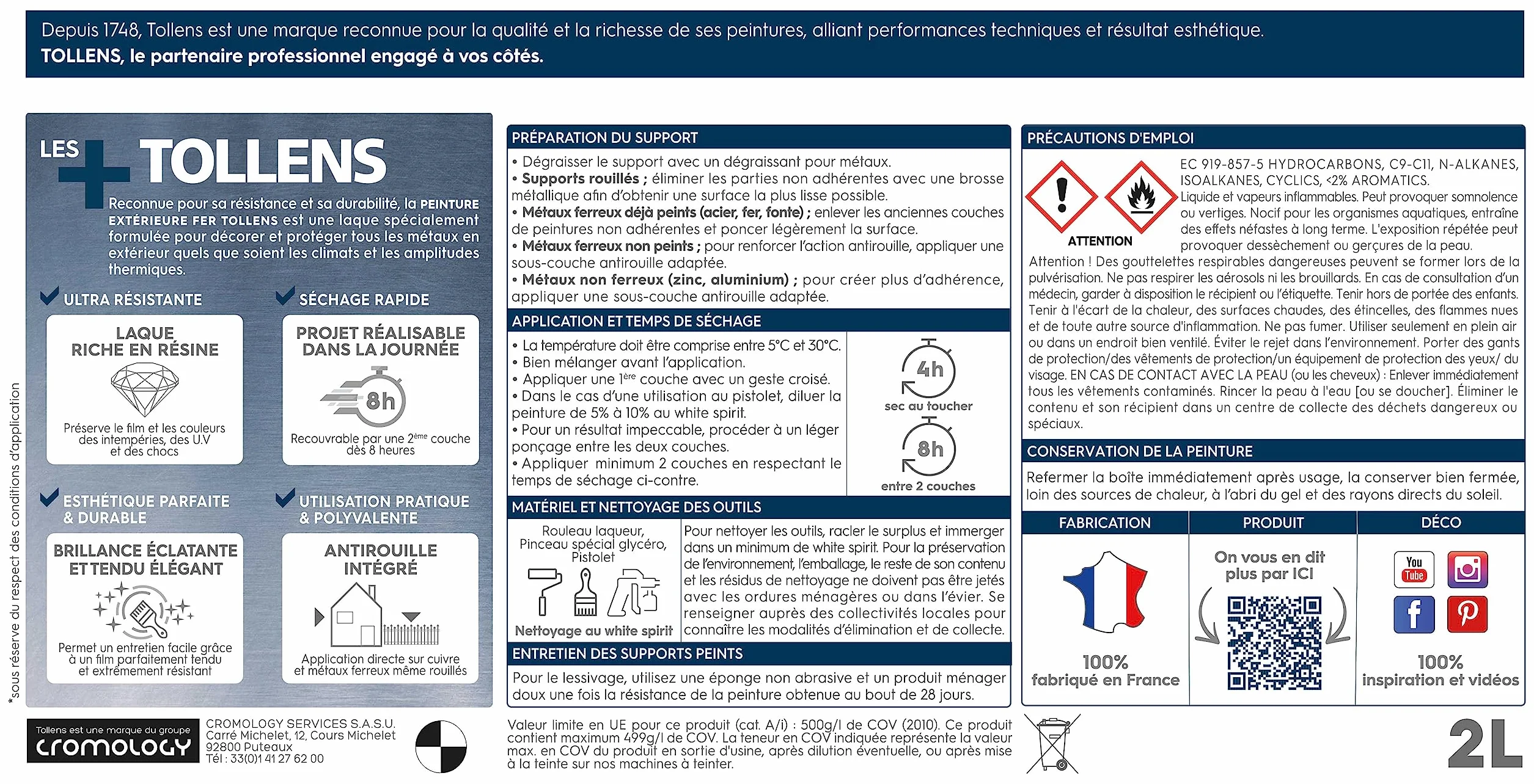Tollens - Peinture extérieure fer 2 en 1 - Ultra Résistante - Protection antirouille - Laque Riche en Résine - Sans Sous-Couche - Entretien Facile - Brillant - Gris Anthracite - 2L = 32m2