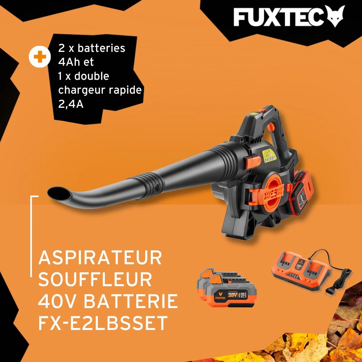 FUXTEC Souffleur aspirateur Batterie 40 V 2en1 FX-E2LBSSET avec 2 Batteries et Double Chargeur Sac de Collecte 685m³/h