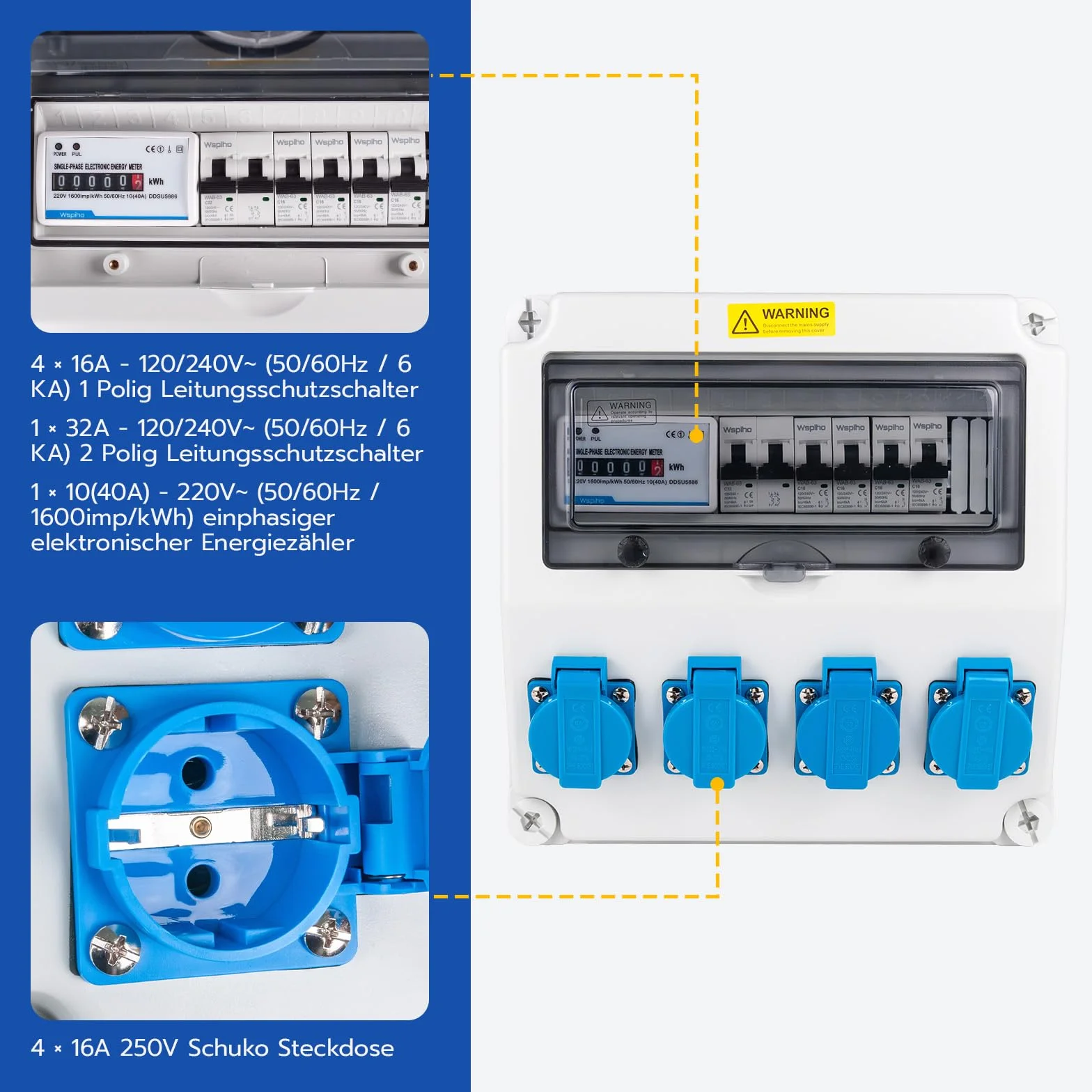 Distributeur de courant de construction 40 A 230 V avec compteur et prise CEE 16 A