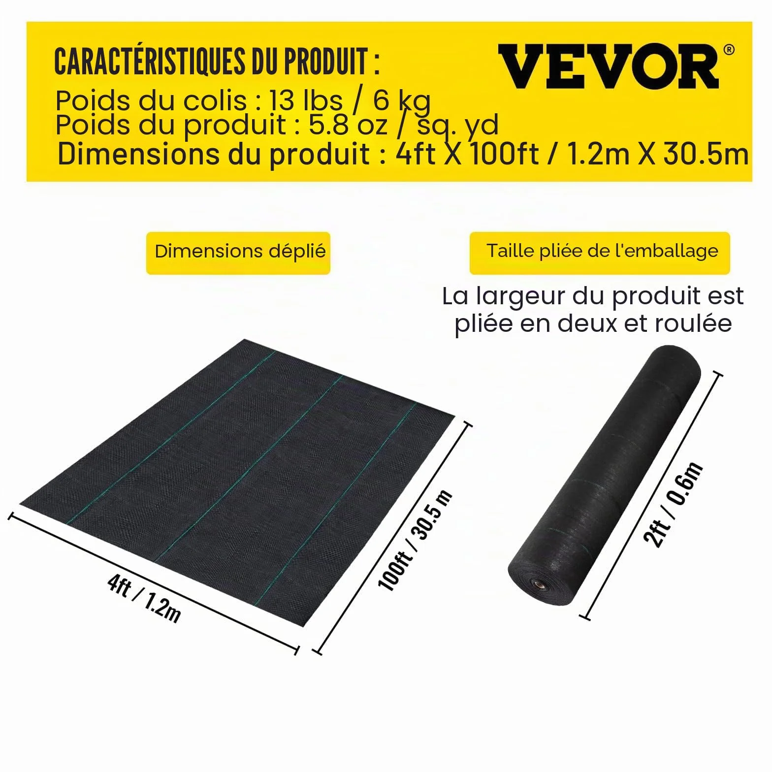VEVOR Toile de Paillage 1,2x30,5 m 36,6 ㎡ Anti-Mauvaises Herbes Géotextile Jardin PP Haute Perméabilité 5,8 oz