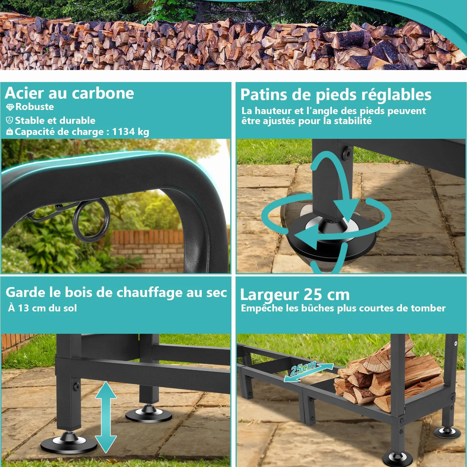 Himimi Porte-Bûches Extérieur Réglable 235 x 25 x 116 cm Capacité 1,2 m³ Support Bûches avec Housse Imperméable