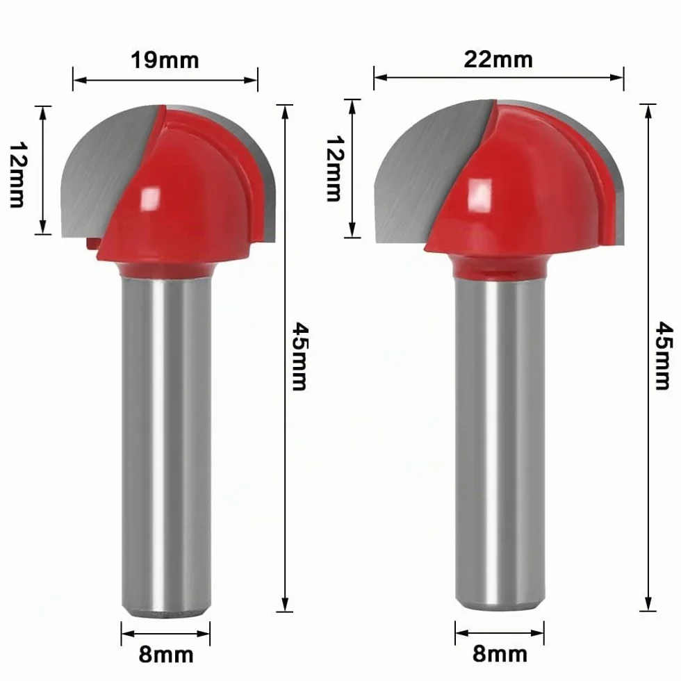 ASNOMY Fraise à Fond Rond Bois, 5PCS Router Bits 8mm Tige 12/16/ 19/22/25.4mm Fraise à gorges Carbure Queue Fraise à Rainurer pour Défonceuse Outil de Coupe Bit de Routeur