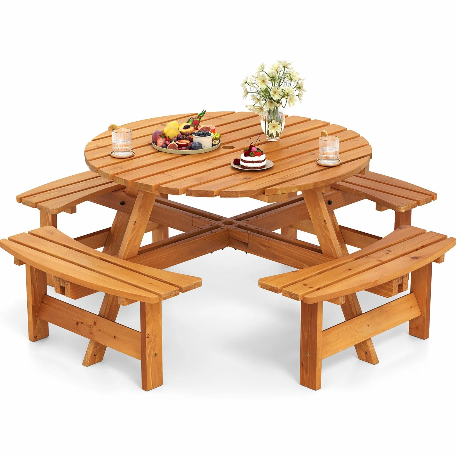 COSTWAY Table de Pique-Nique Bois 2-8 Personnes Set Jardin Bancs Circulaire 4 Bancs Intégrés Parasol 5 cm Jaune 179x179x70 cm