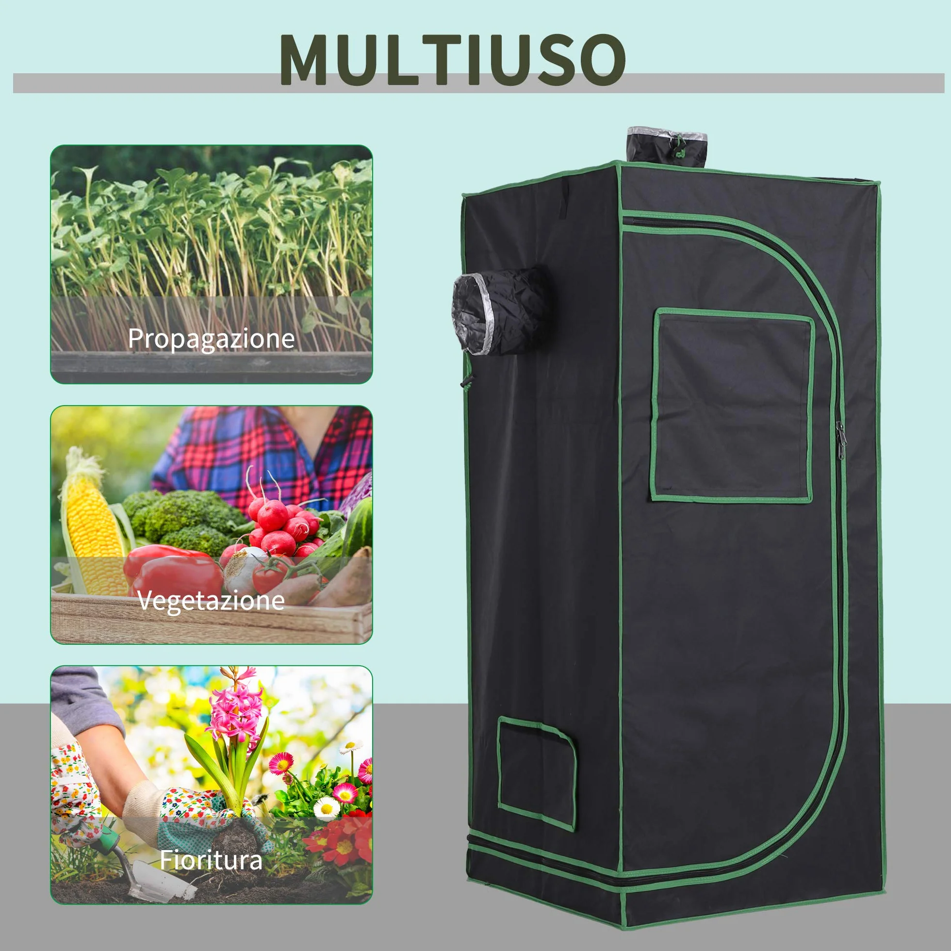 Outsunny Serre Hydroponique Oxford 600D 60x60x140 cm Noir avec 3 Prises d'Air Réglables