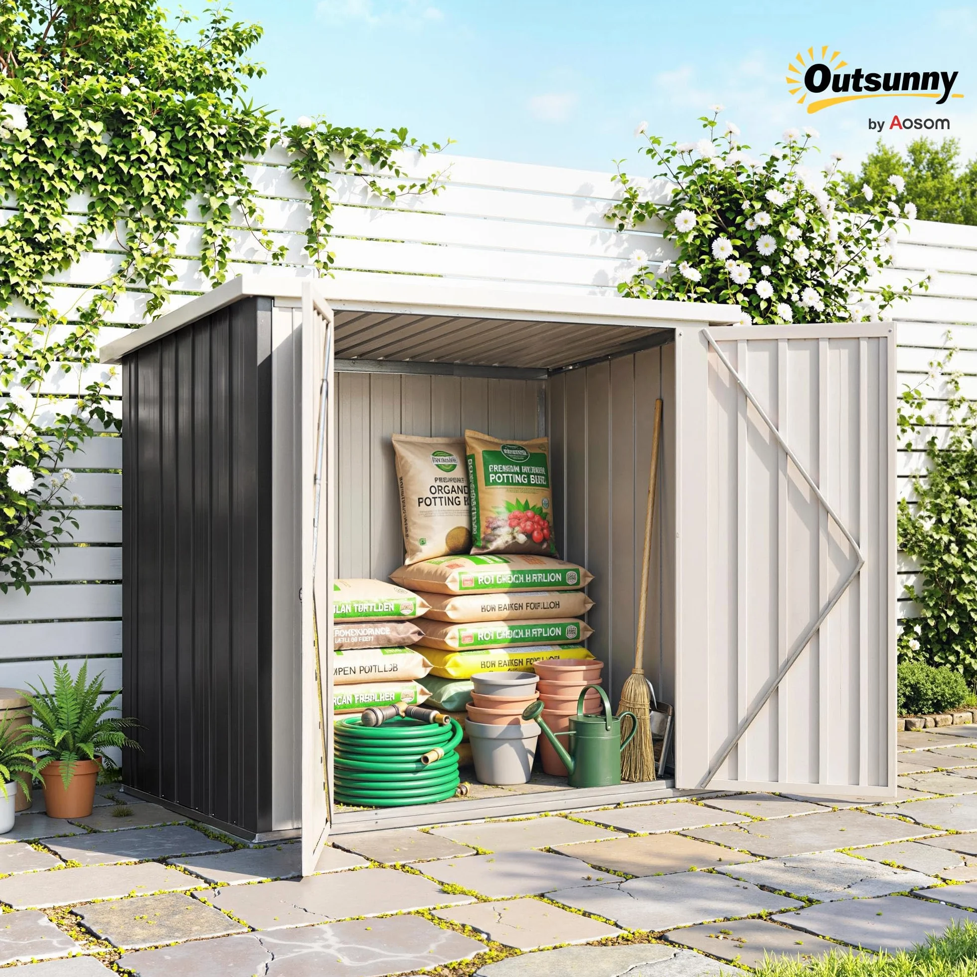 Outsunny Abri de Jardin 1,09 m² Cabanon Rangement Outils 2 Portes verrouillables 147L x 86l x 134H cm tôle d'acier Noir Blanc