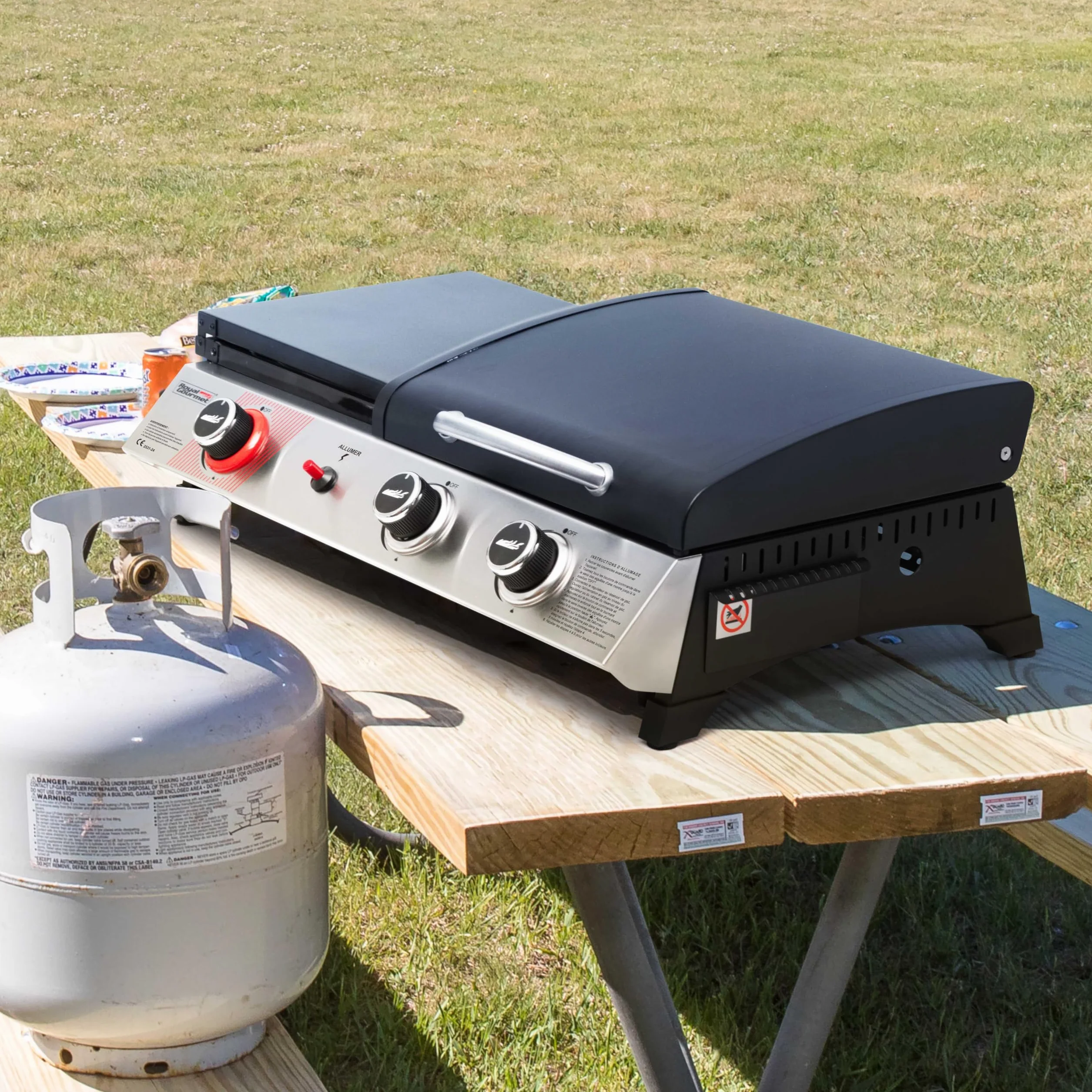 Royal Gourmet Barbecue Gaz Portable 3 Brûleurs 3 en 1 Plancha Grille 8.5kW Propane Noir
