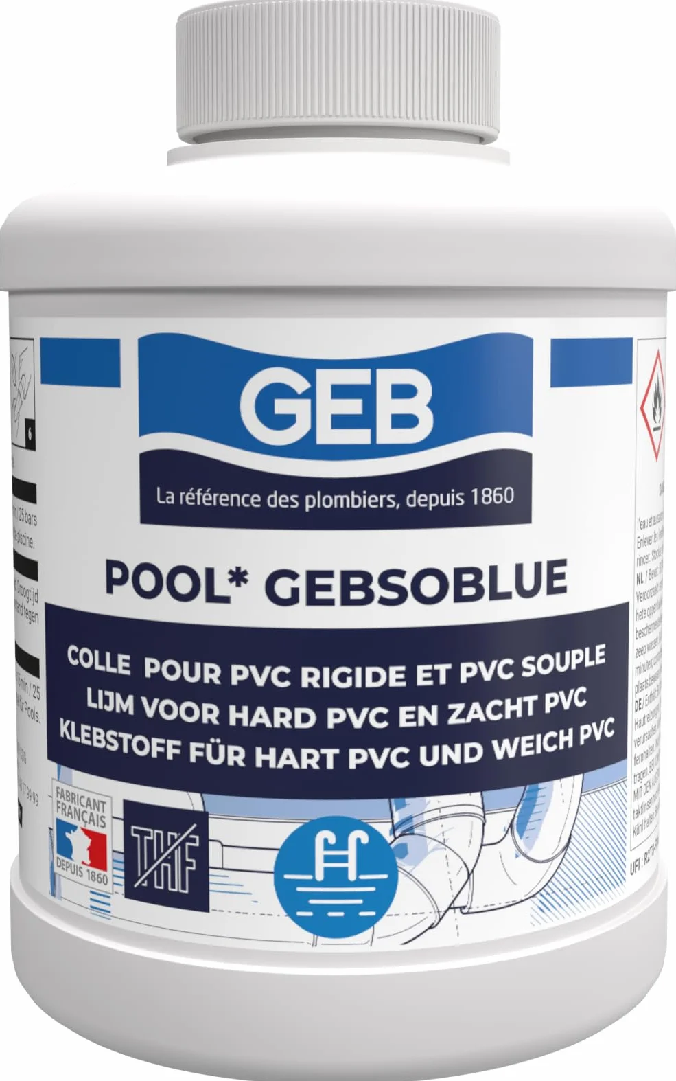 GEB Colle PVC spécial piscine jaccuzzi irrigation Gebsoblue 500ml pour assembler canalisations et raccords en PVC. Sans THF