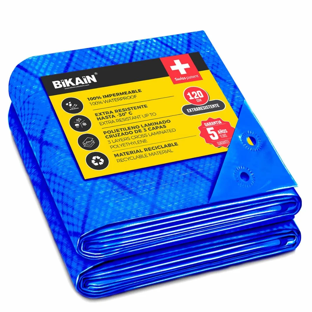Bâche imperméable pour l'extérieur - 2x3m - 70 g/m2 - Trous soudés renforcés - Polyéthylène laminé croisé 3 Couches - Bleu - Protection Totale - Extra Forte - Bikain