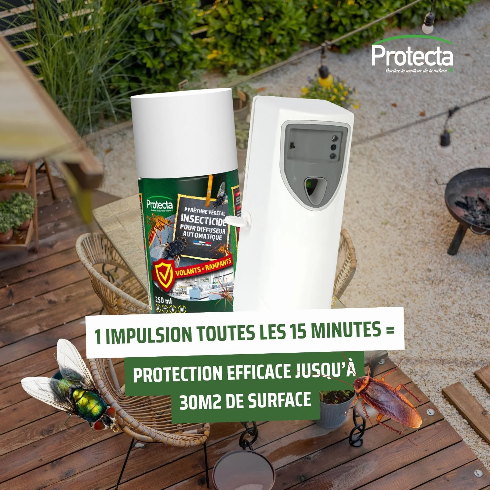 Protecta Kit Diffuseur Insecticide Automatique Programmable Aérosol Pyrèthre 250 ml Anti-Mouches Moustiques Insectes Volants Protection 24h/24