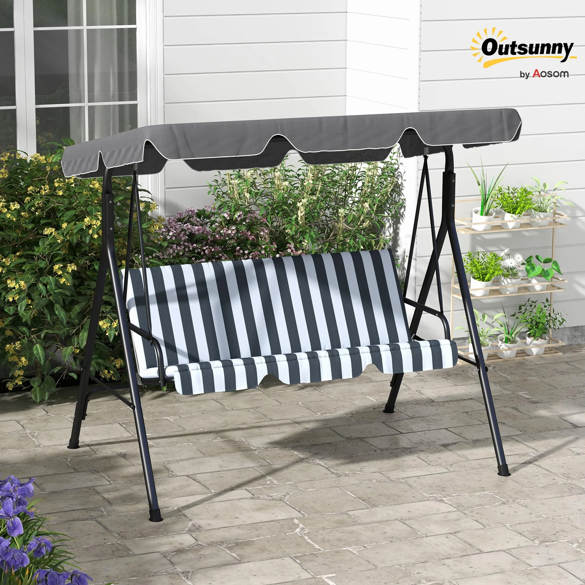 Outsunny Balancelle de Jardin 3 Places Toit Inclinaison réglable 1,72L x 1,1l x 1,53H m Acier Noir Polyester Gris