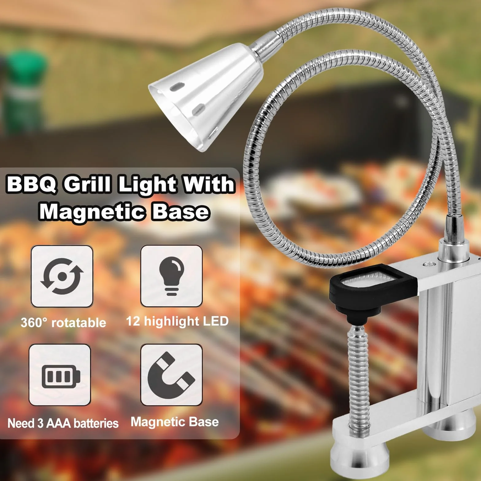 Lampe Magnétique pour Barbecue 12 LED Super Lumineuses avec Col de Cygne Flexible - Alimentation par Piles