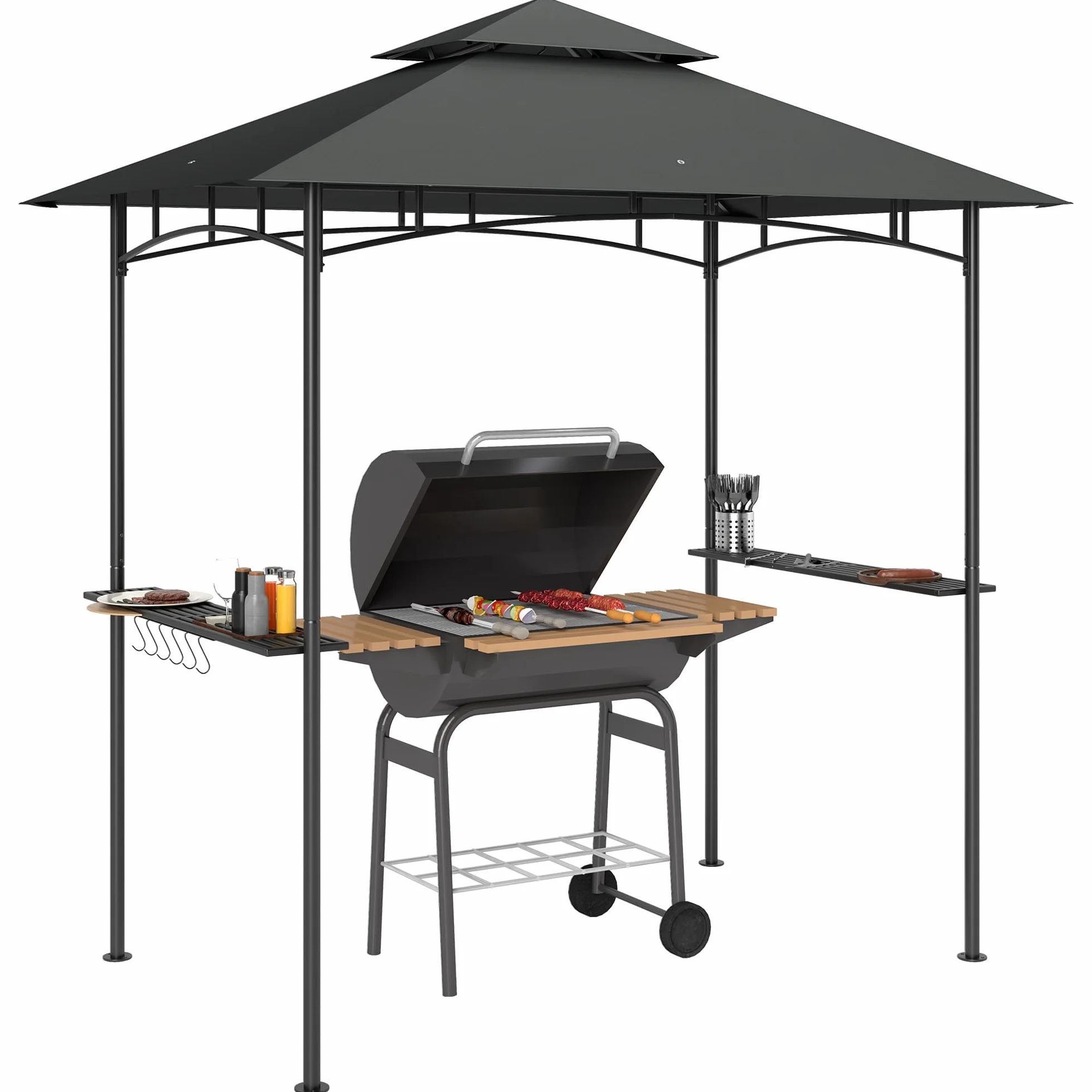 Outsunny Pavillon de barbecue avec LED 240 x 150 x 258 cm hydrofuge ignifuge toit double couche étagères latérales protection UV