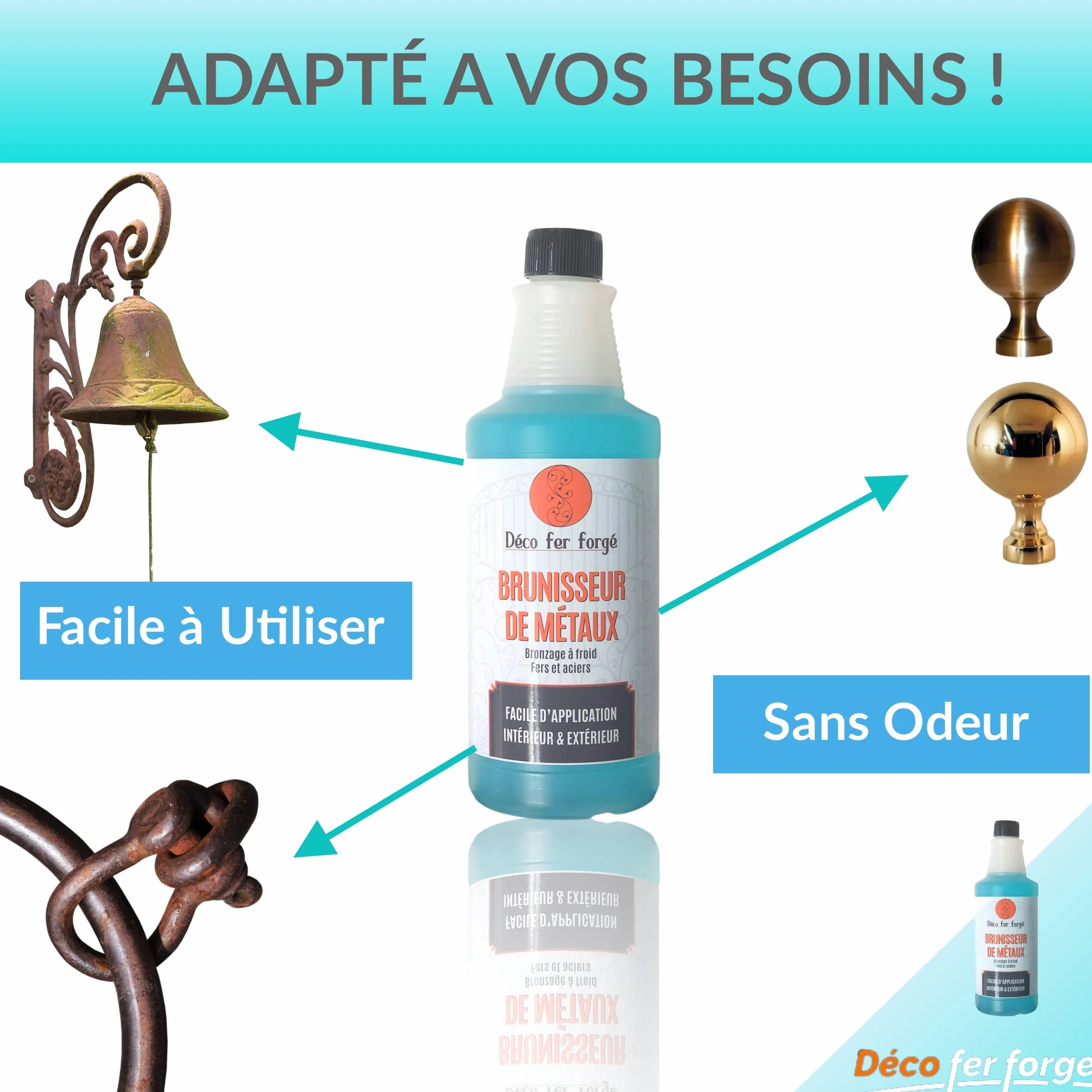 DECO FER FORGE -Brunisseur Metaux -Metal Concentre à Froid Fer Acier Laiton Bronze Cuivre Arme -Brunissage Noir Durable Efficace Rapide Facile Made in France -Grande Quantité 1L de liquide (1000 ml)