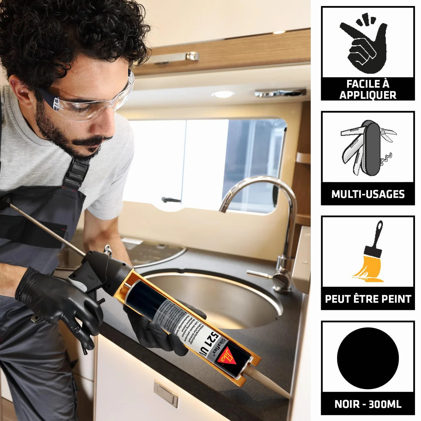 SIKA - Colle-mastic joints d'étanchéité camping-car/caravane/mobil-home - Sikaflex 521 UV Noir - Adhérence élevée - Résistant aux UV - Sans solvant - Résiste aux conditions climatiques - 300ml