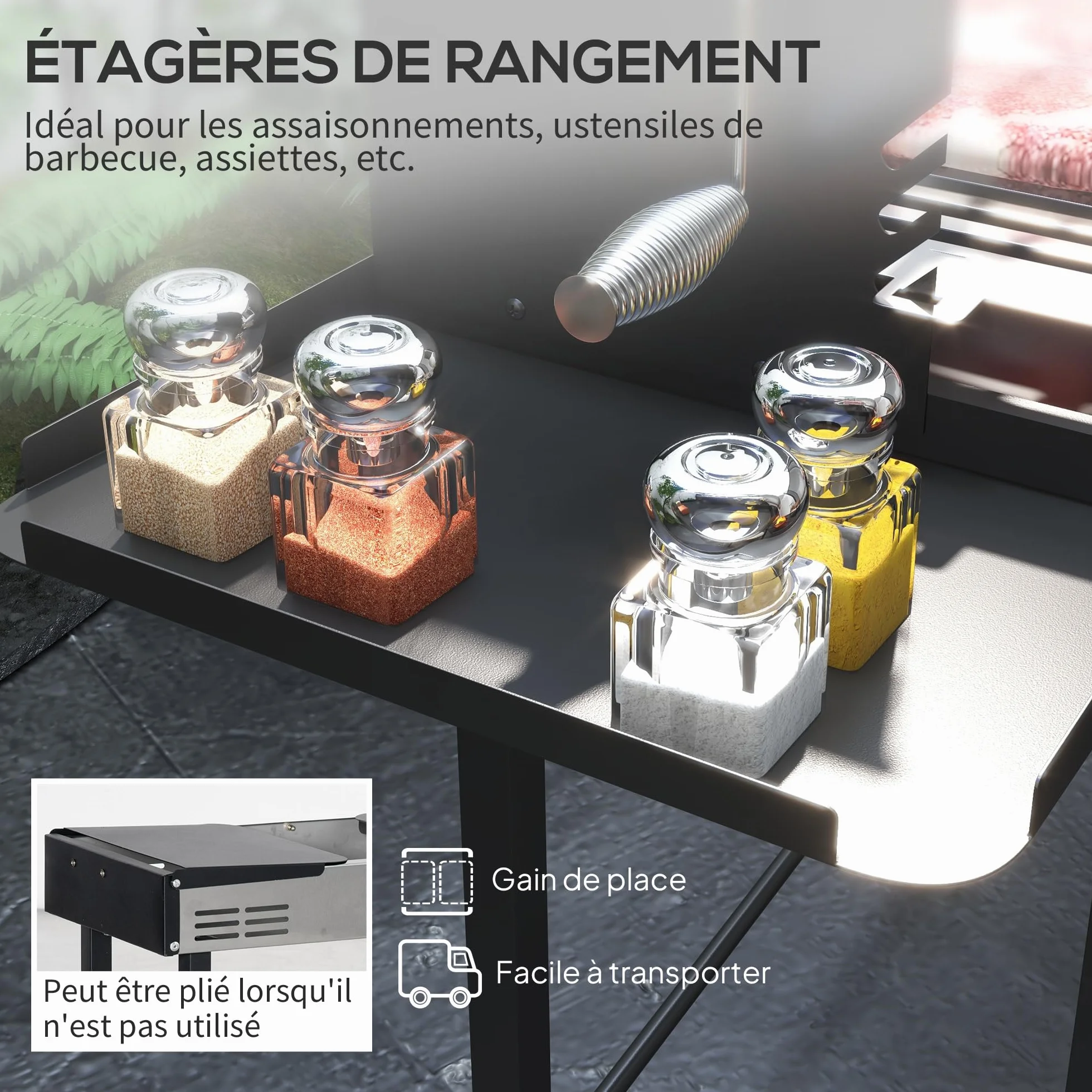Outsunny Barbecue Charbon de Bois BBQ Grille 3 Niveaux Étagères Latérales Pliables Acier Inoxydable Pare-Vent Amovible 118x32x90 cm Noir