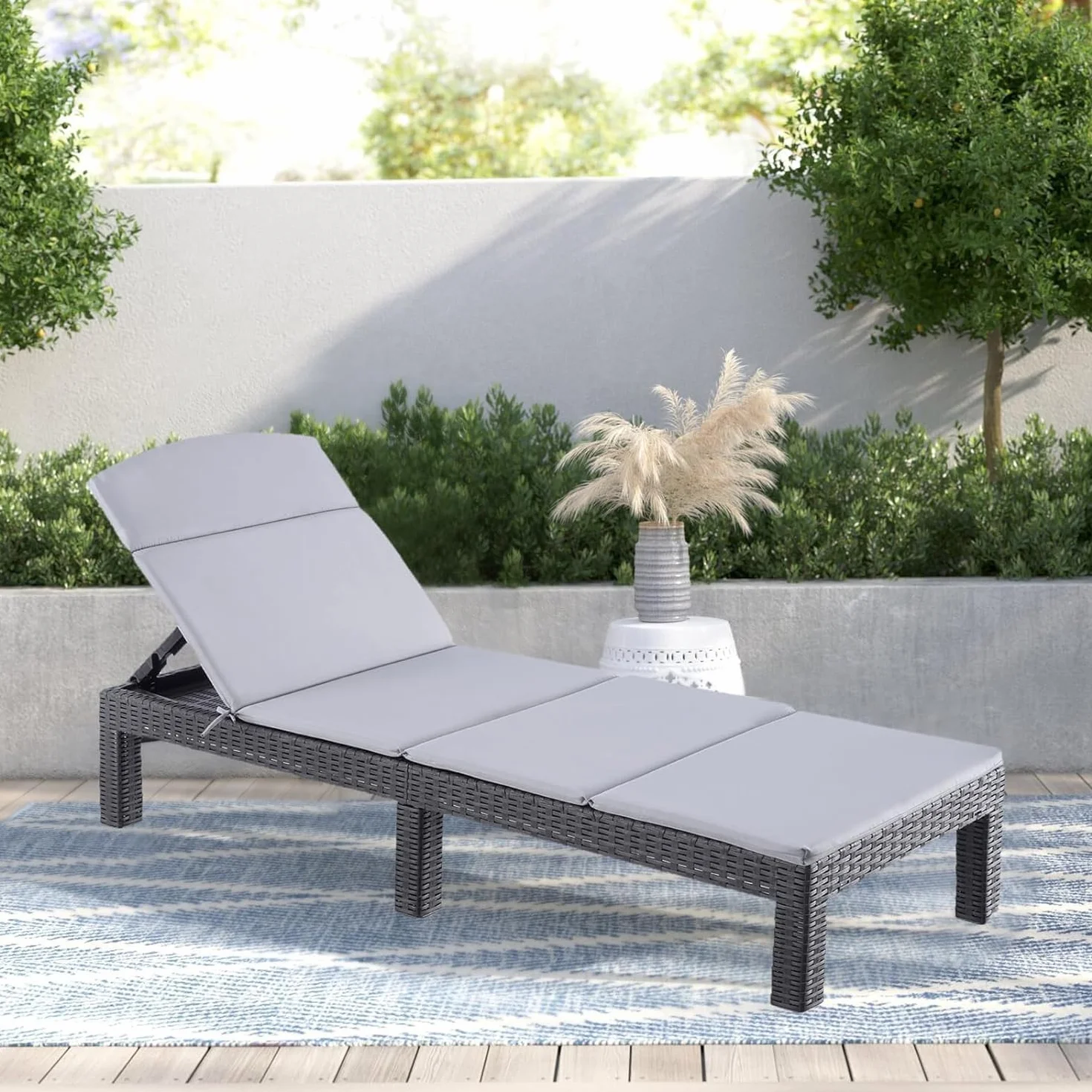 BOLLI Lot de 2 Chaise Longue Jardin Résine Imitation Rotin Tressé Coussin Confort Inclus Dossier Réglable Gris Sparkle