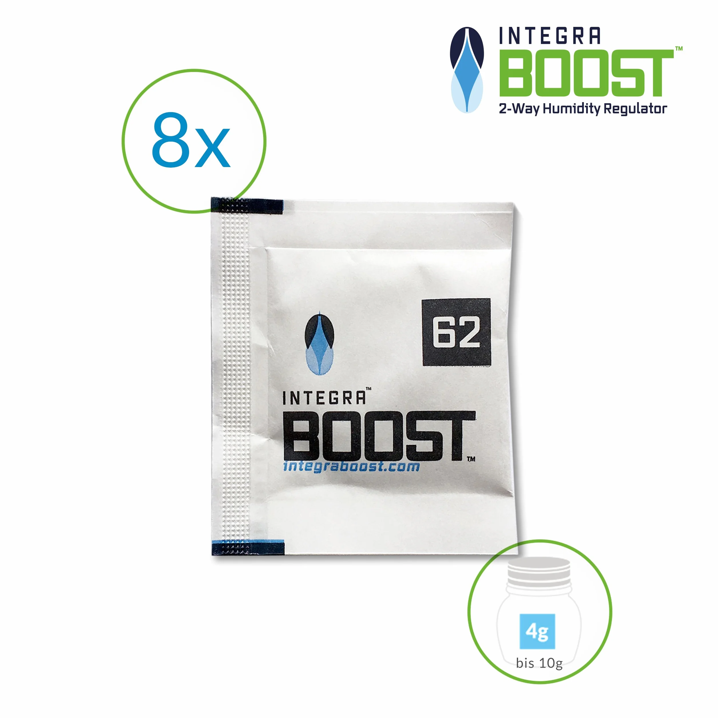 Integra Boost régulateur d'humidité 62% lot de 8 sachets 4 g chacun 2 voies indicateur