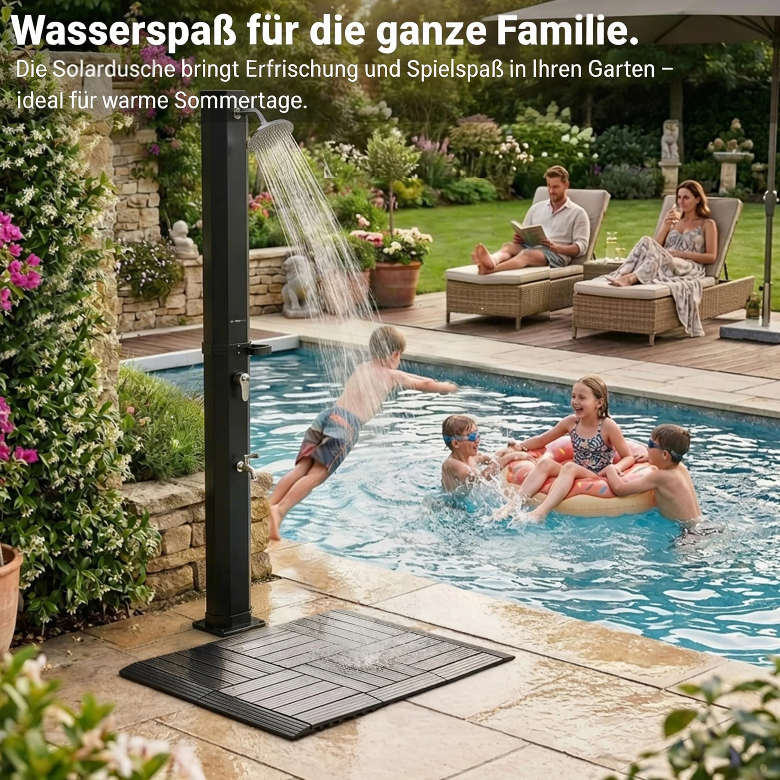 Novaterra Douche solaire noire 60 l – Douche jardin avec pommeau pluie et bac rangement