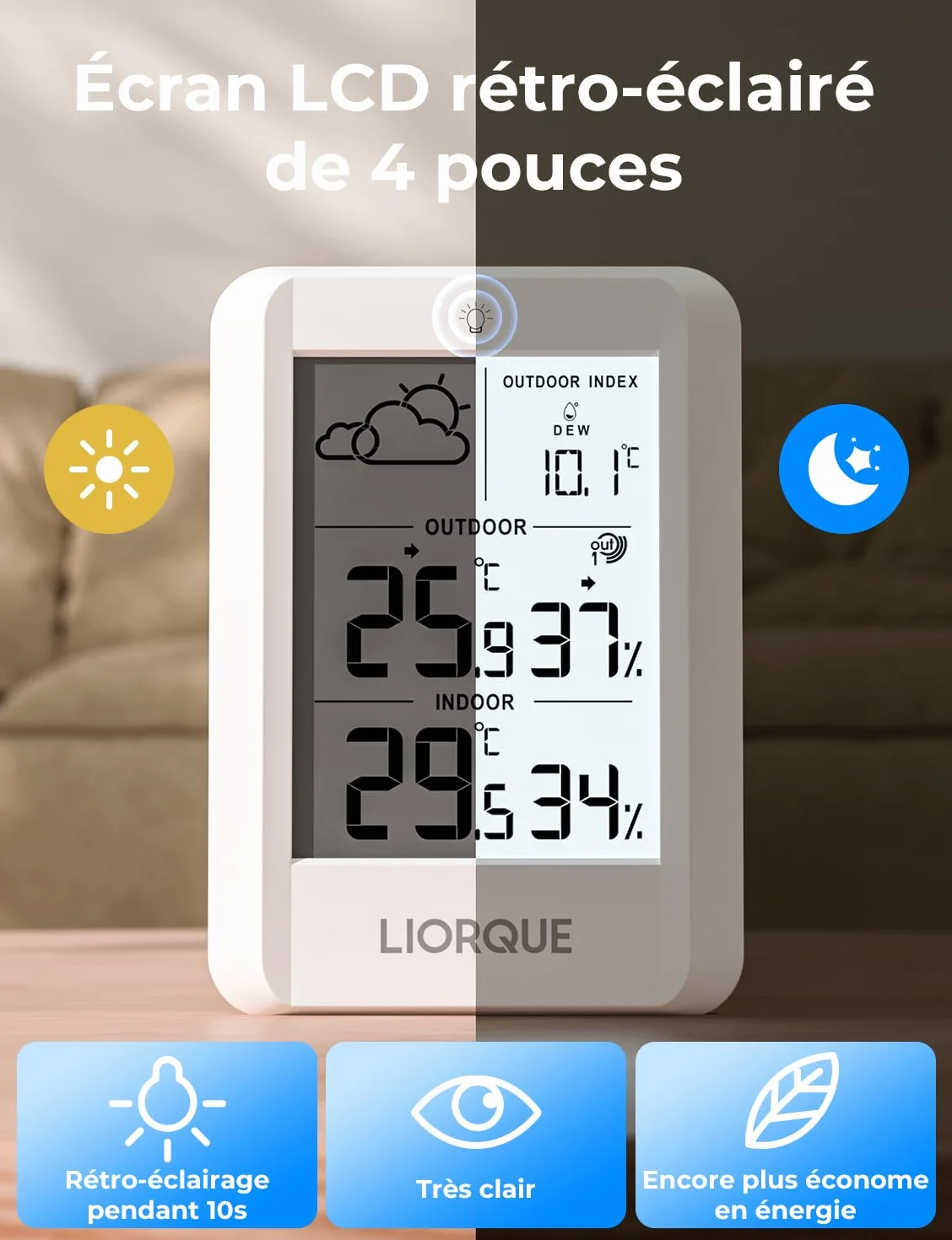 LIORQUE Station Meteo Interieur Exterieur Sans Fil, Thermometre Hygrometre Capteur IPX4, Portee 100m, Piles Incluses