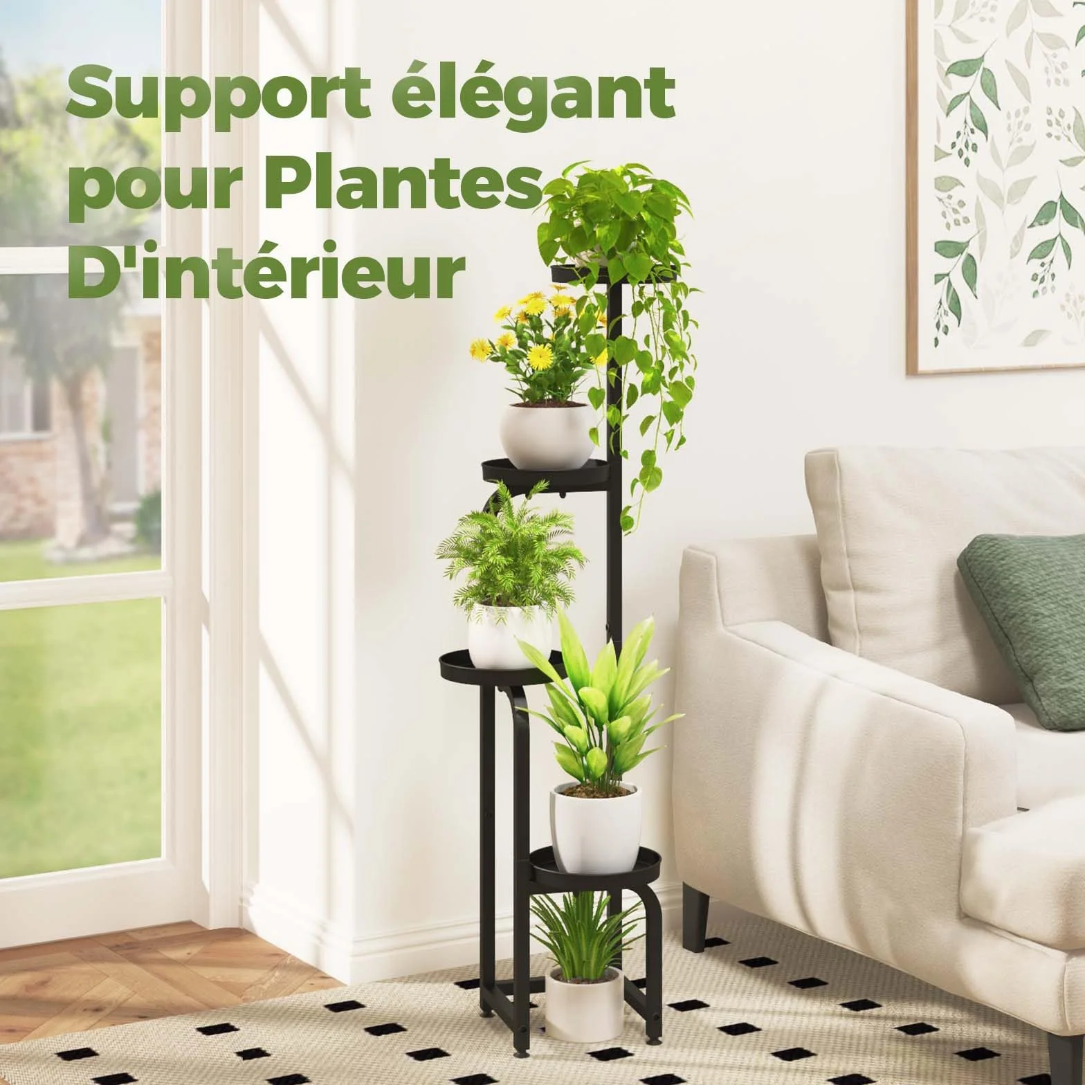 Bamworld Support Plantes Intérieur Haut 4 Niveaux Métal Étagère Plante pour Extérieur Terrasse Jardin Balcon
