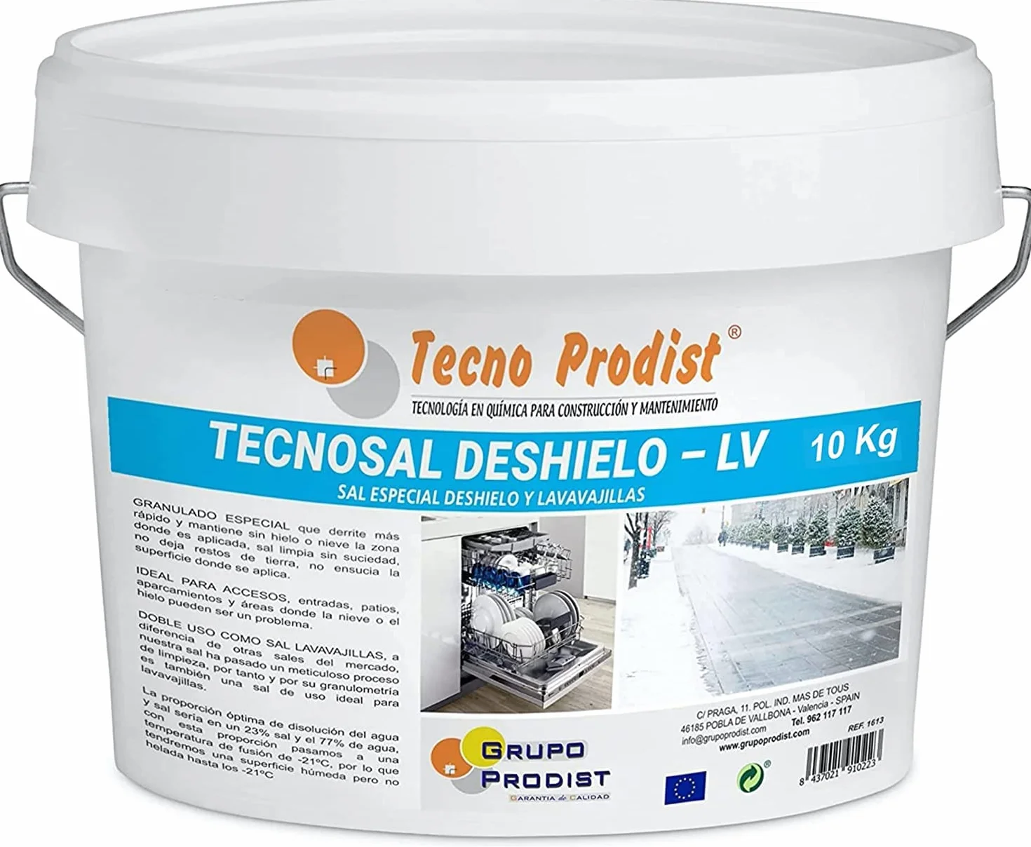 TECNOSEL DÉGEL 10 Kg sel de déneigement Fondre la Glace et Neige en Hiver, dégivrage idéal chemins, déneigement des entrées, parkings ou autoroutes, Double Usage, sel Lave-Vaisselle, en Seau