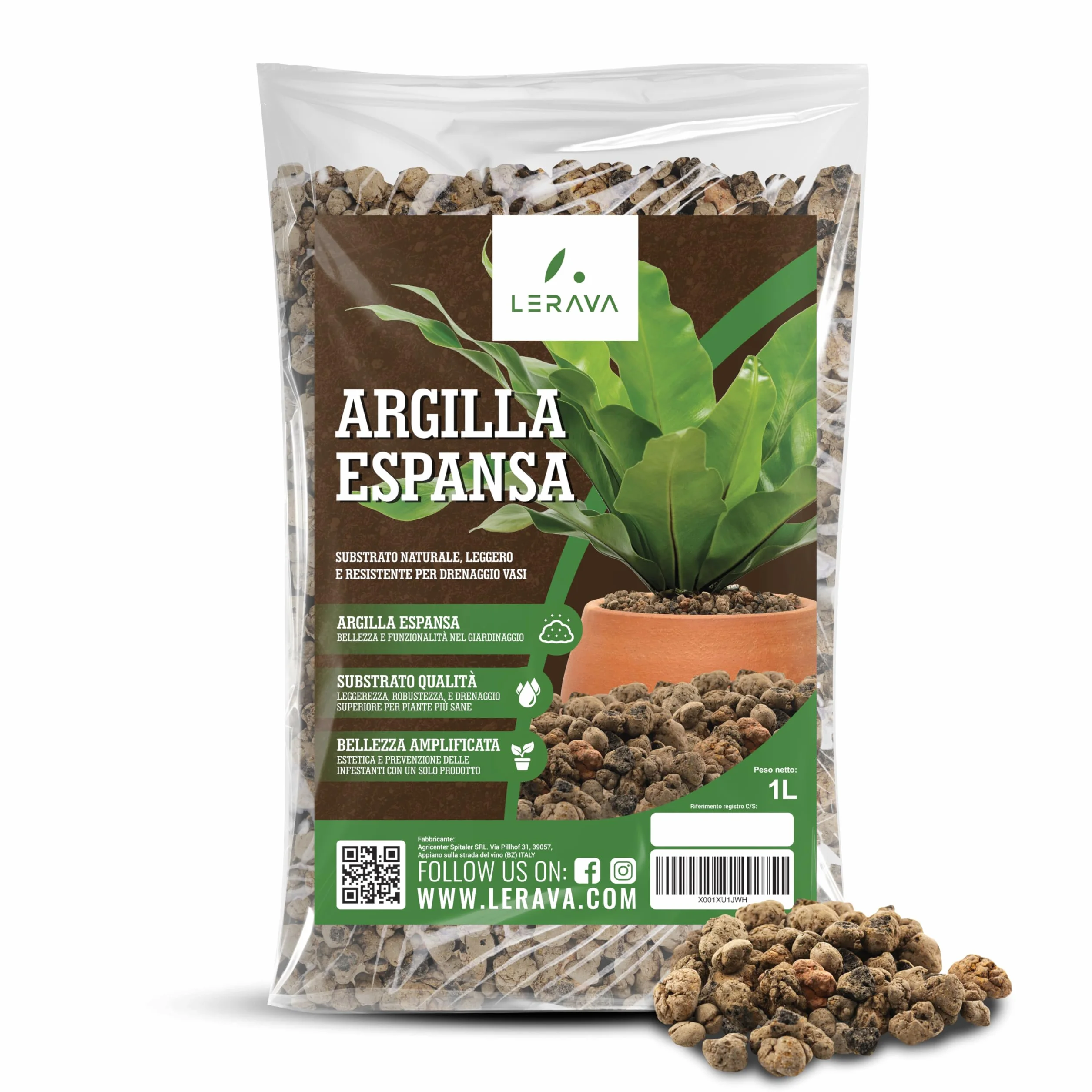 Billes d'argile LERAVA 1L - Substrat naturel léger pour plantes d'intérieur - Drainage optimal et décoration végétale - Made in Italy