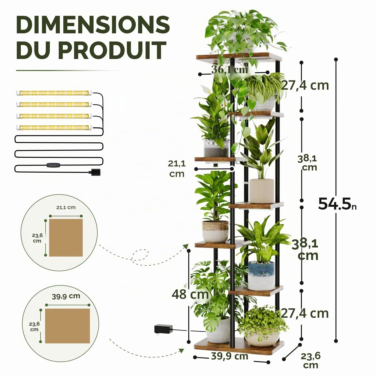Bamworld Étagère Plante d'Angle 7 Niveaux Bois Métal avec Lampe, Support Plante Intérieur avec Éclairage