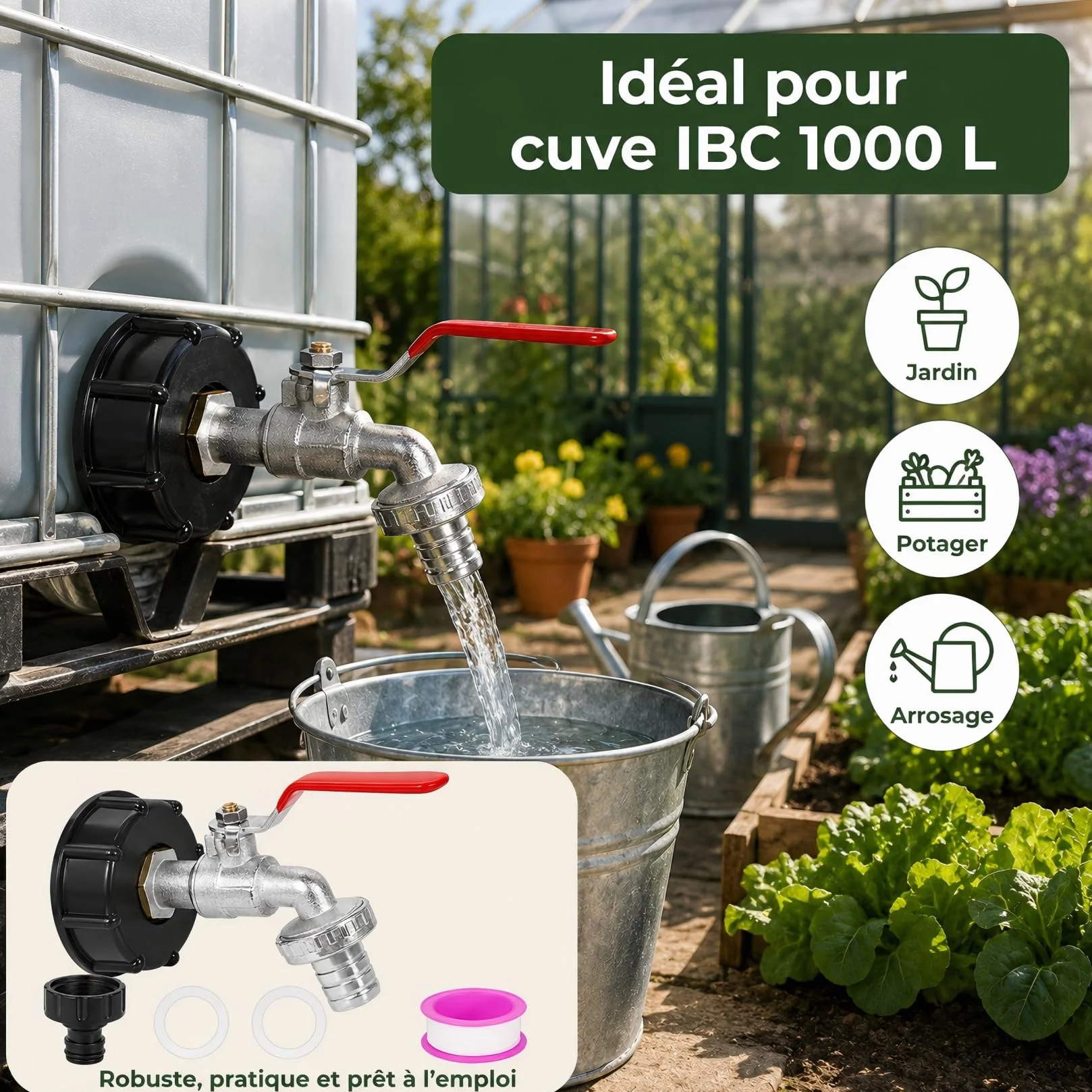 Robinet Cuve 1000L Adaptateur 3/4" Raccord Réservoir Alliage Aluminium Jardin Laiton S60X6 IBC Arrosage Extérieur