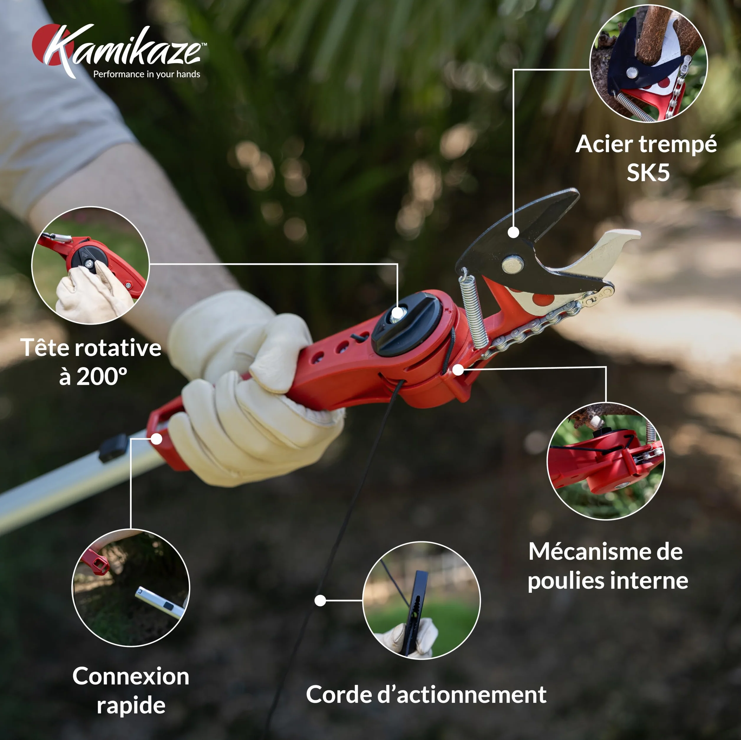 Kamikaze Kit d’Élagage en Hauteur 3 en 1 de 6m – Coupe-Branche Télescopique avec Sécateur Télescopique + Scie Télescopique, Tête Rotative, Attache Rapide, Compatible avec Outils Wolf (3 x 2 m)
