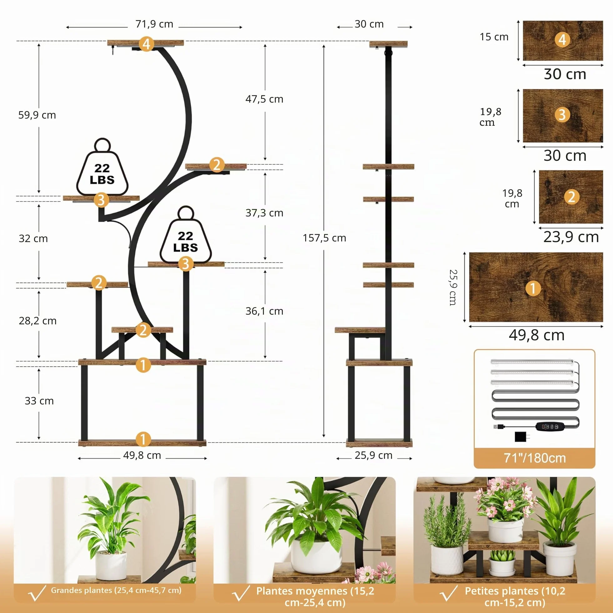 BACEKOLL Support pour plantes d'intérieur avec lampes de croissance, étagère 8 niveaux 157,5 cm métal forme S