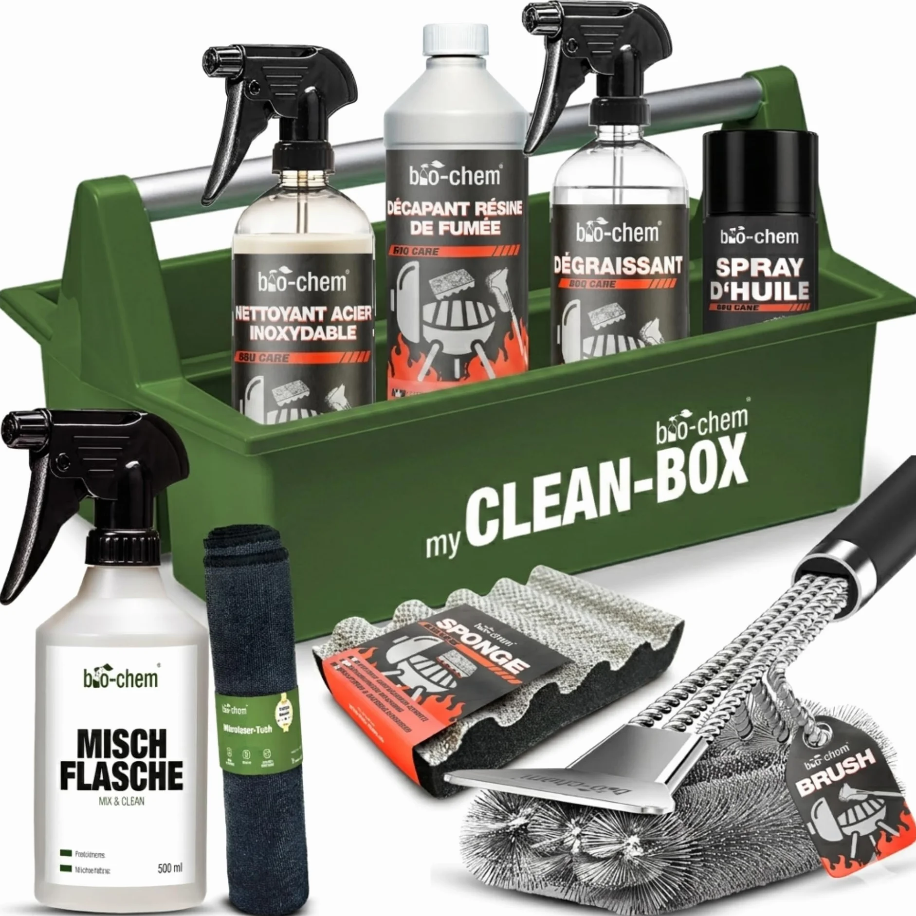 Kit nettoyage barbecue 9 pcs - Décapant résine 0,5L - Nettoyant surfaces bbq 750ml - Produit entretien acier inox 750ml - Spray d’huile 200ml
