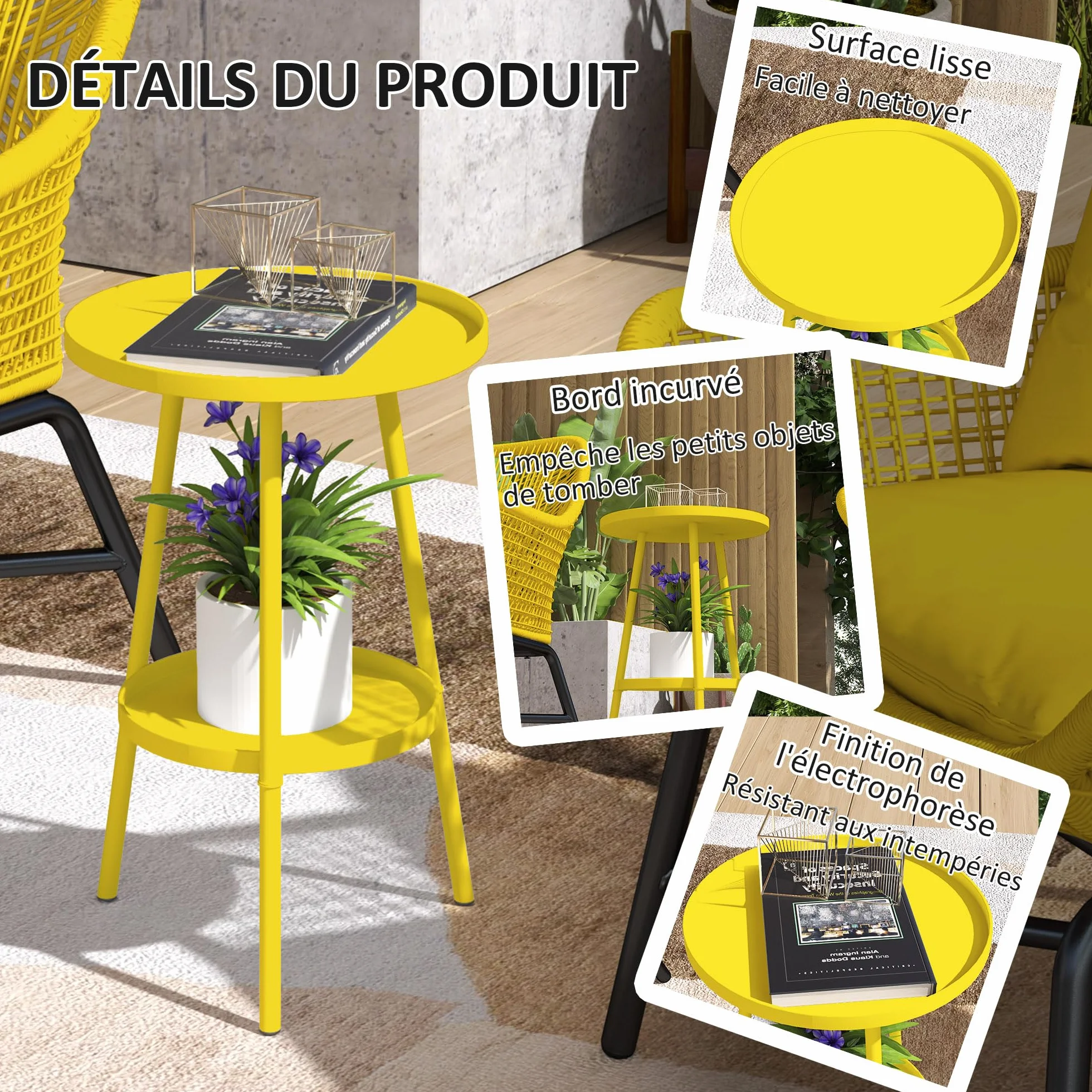 Outsunny Petite Table d'appoint Ronde à 2 Niveaux, Table de Jardin, en métal, Jaune