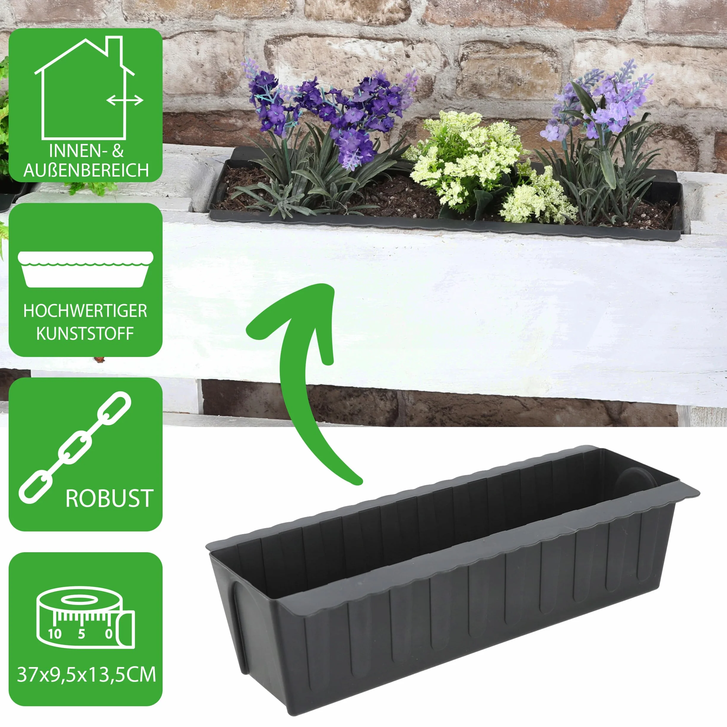 Lot de 12 jardinières ondulées en plastique 37 x 9,5 x 13,5 cm pour plantations palettes européennes