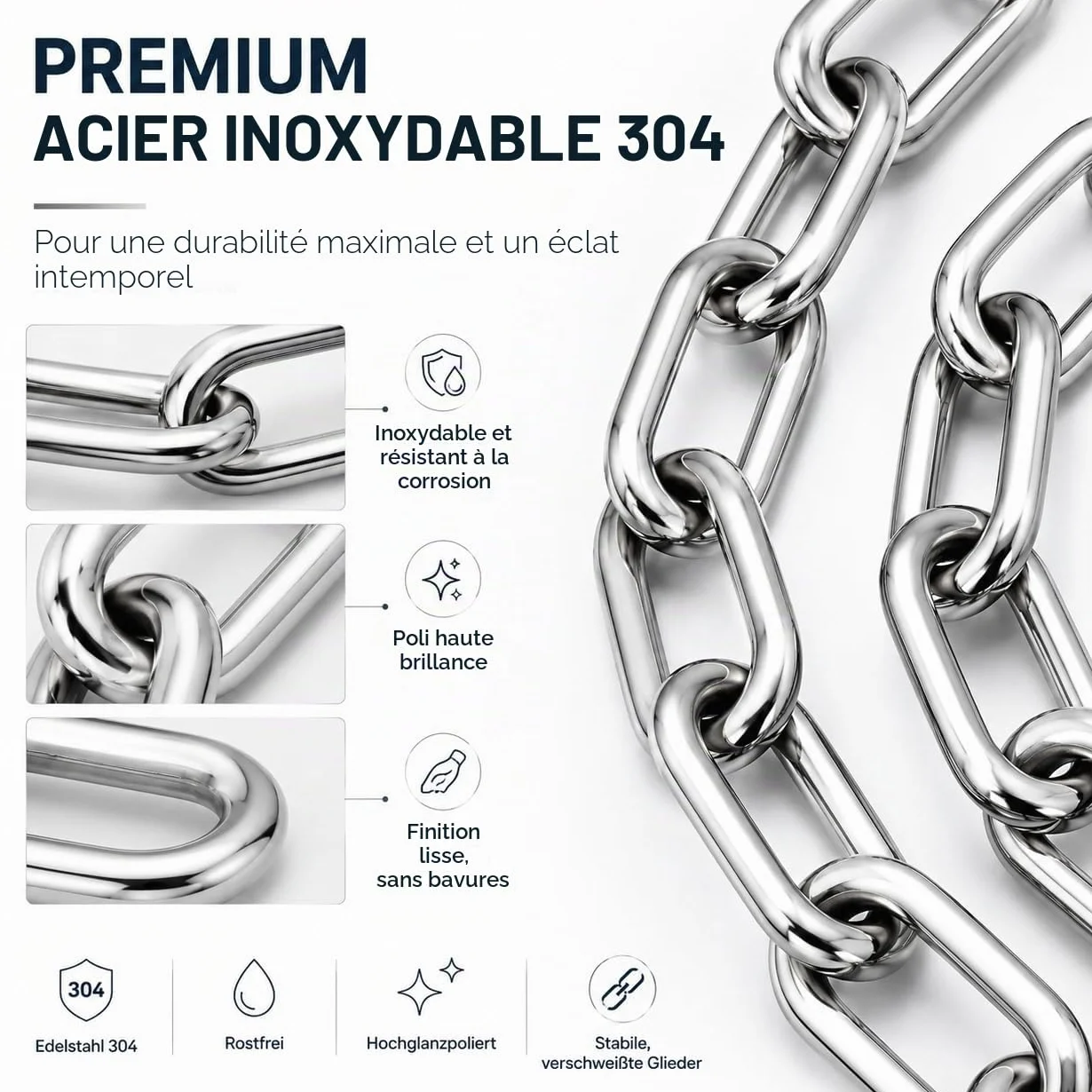 CYEER Chaîne en Acier Inoxydable 6mm x 2m, Chaîne Métallique Robuste en Inox 304 pour Fauteuil Suspendu, Sac de Frappe, Balançoire et Jardin, Maillons Soudés Résistants aux Intempéries