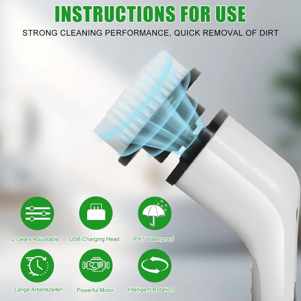 OSDUE Electrique Nettoyage Rotative, Brosse de Nettoyage Electrique, sans Fil avec 7 Têtes Brosse, Remplaçables Poignée d'extension Réglable, pour Salle Bain Cuisine Electric Spin Scrubber