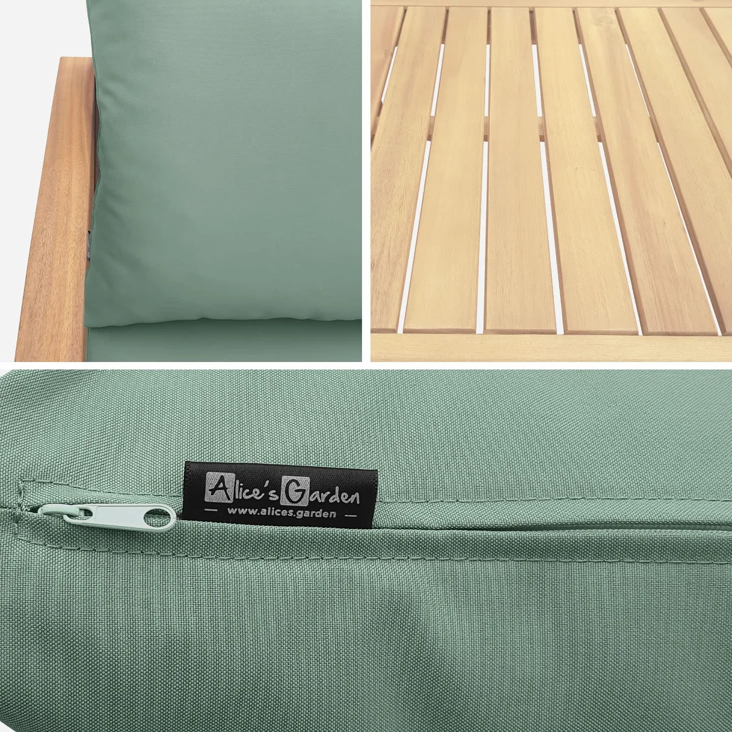 Alice's Garden Salon de Jardin en Bois 4 Places Ushuaïa Coussins Vert de Gris Table Basse Acacia Design
