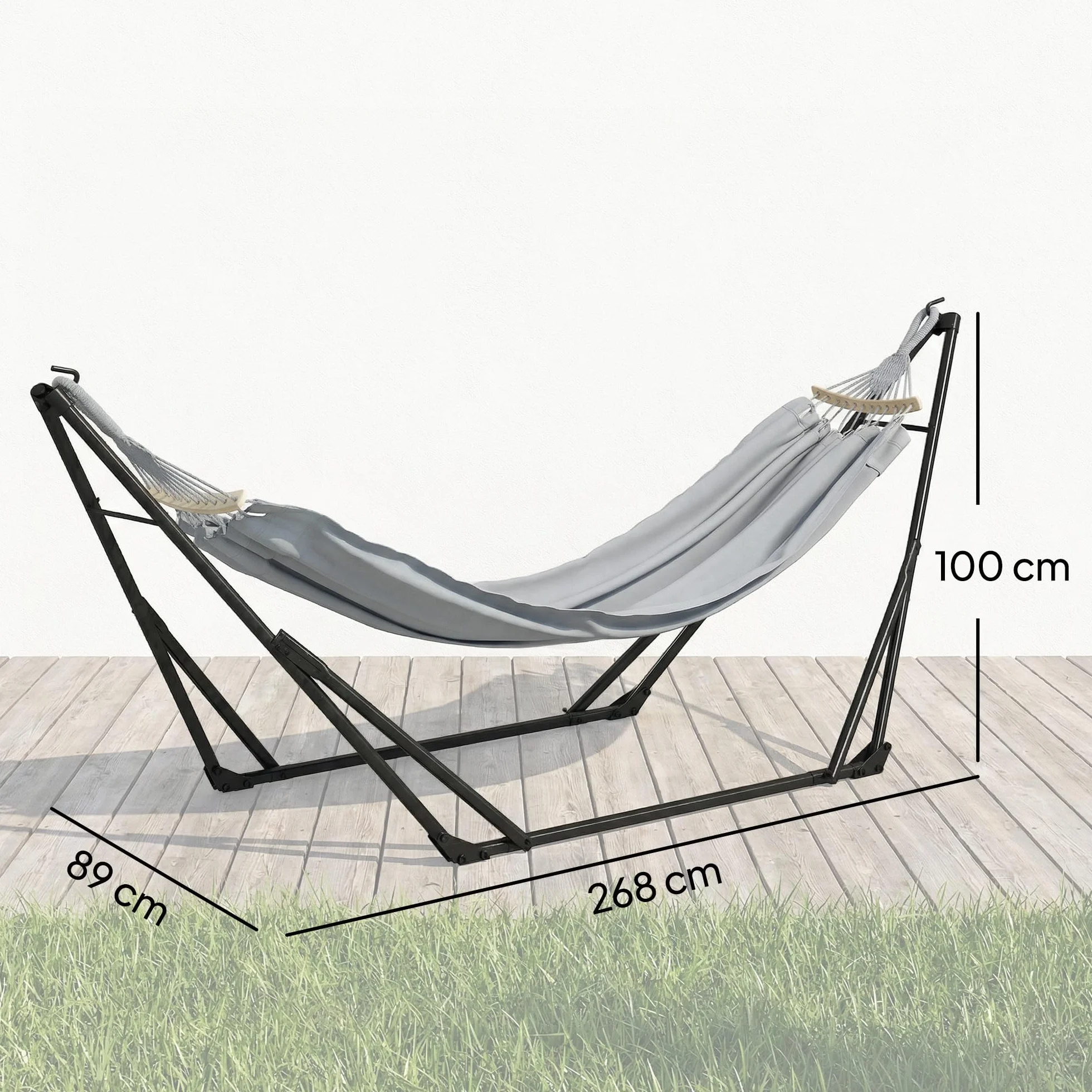 Outsunny Support Hamac Pliable Acier 2 en 1 Chaise Suspendue Sac Transport Inclus 268x89x100 cm Gris