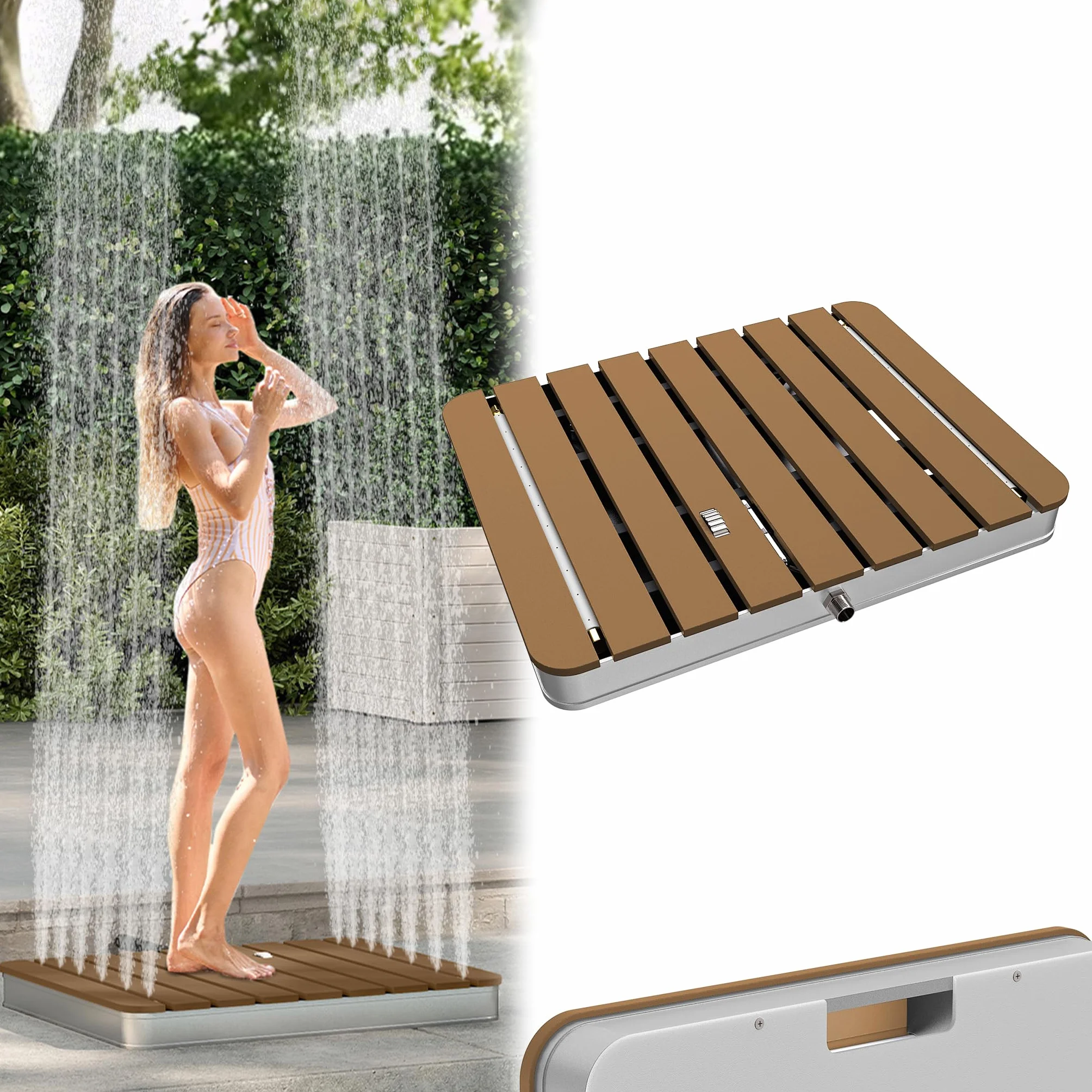 Froadp Douche de jardin aluminium WPC 55 x 70 cm antidérapante résistant aux intempéries extérieure
