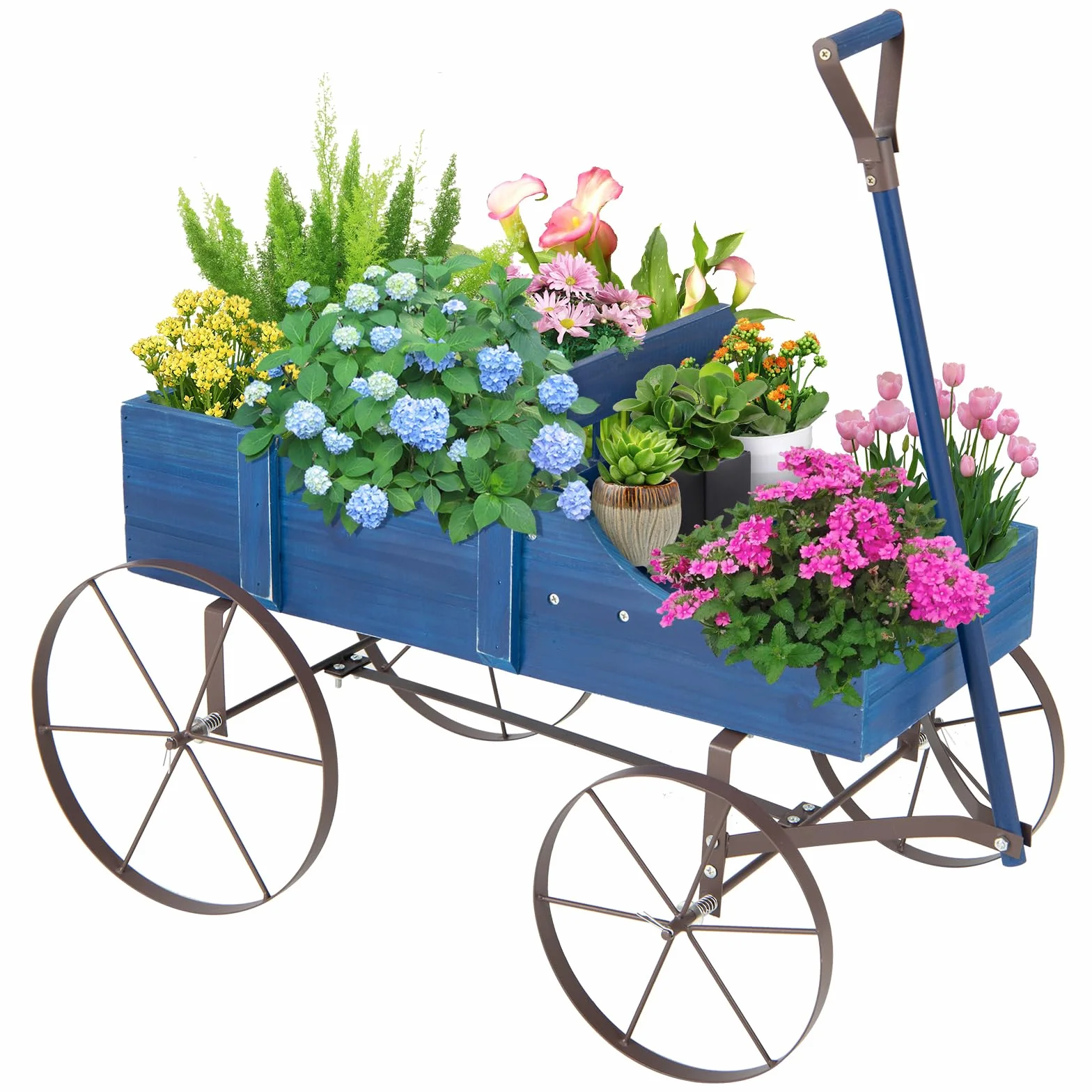 Jardinière Forme Brouette GOPLUS en Bois avec Roues Métal 4 Roues 2 Bacs Plantation 15kg 35x62,5x60cm Bleu