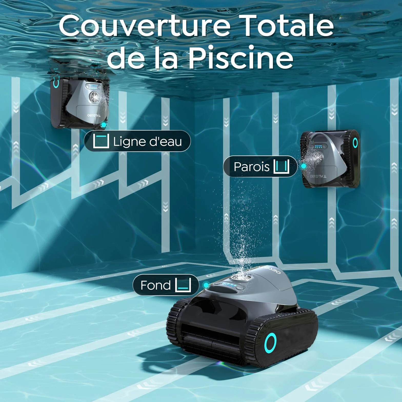 Robot Piscine sans Fil C1 Fond et Parois, Double Filtre, 7 Modes, 180 Min Autonomie, 150 m²