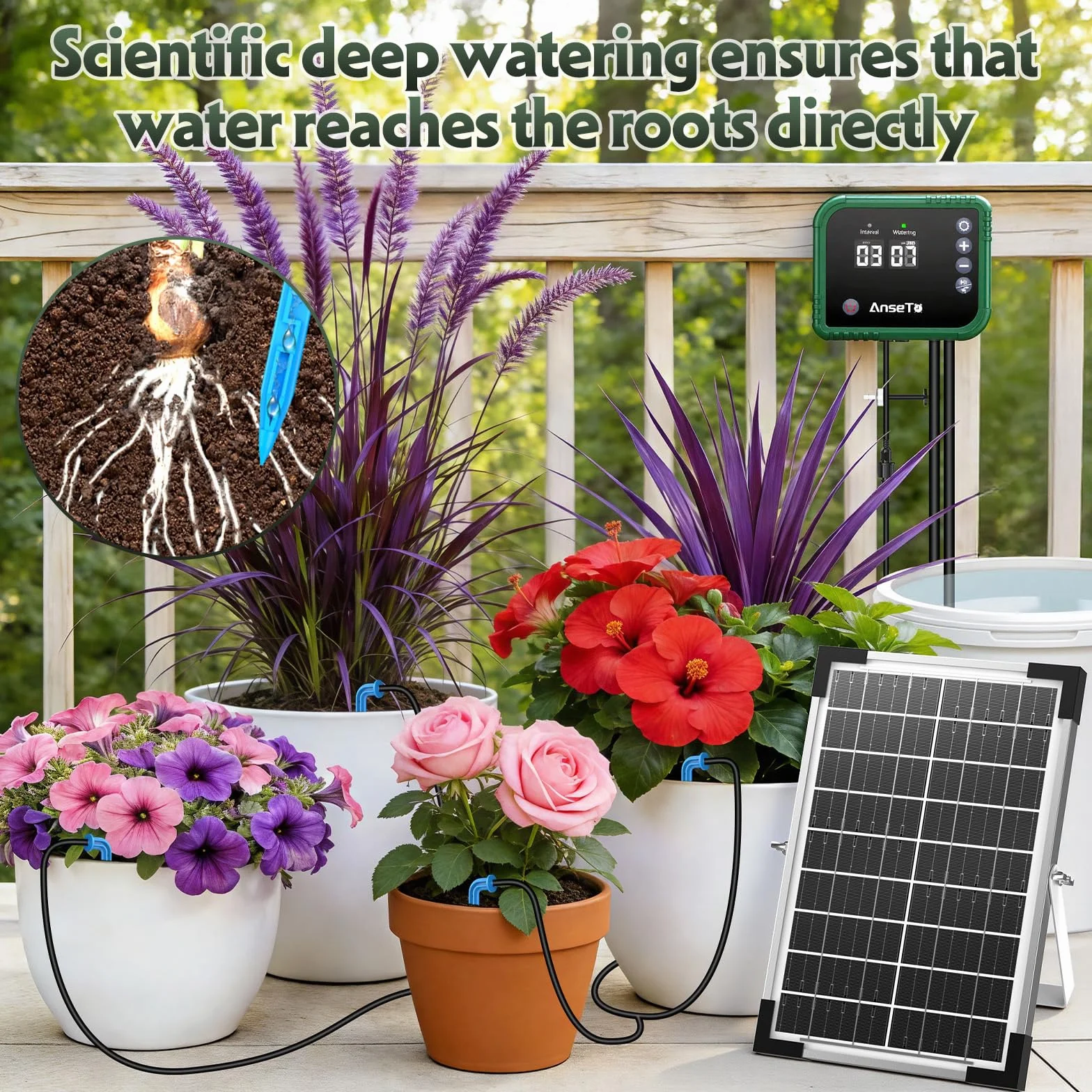 Kit Arrosage Goutte à Goutte Solaire 8 W avec Minuterie Intégrée, Tuyau 35M et 30 Goutteurs pour Jardin