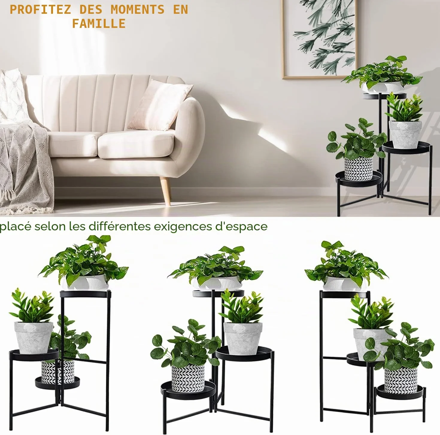 Support de plantes en métal 42 cm 3 étagères fer forgé présentoir d'angle vertical
