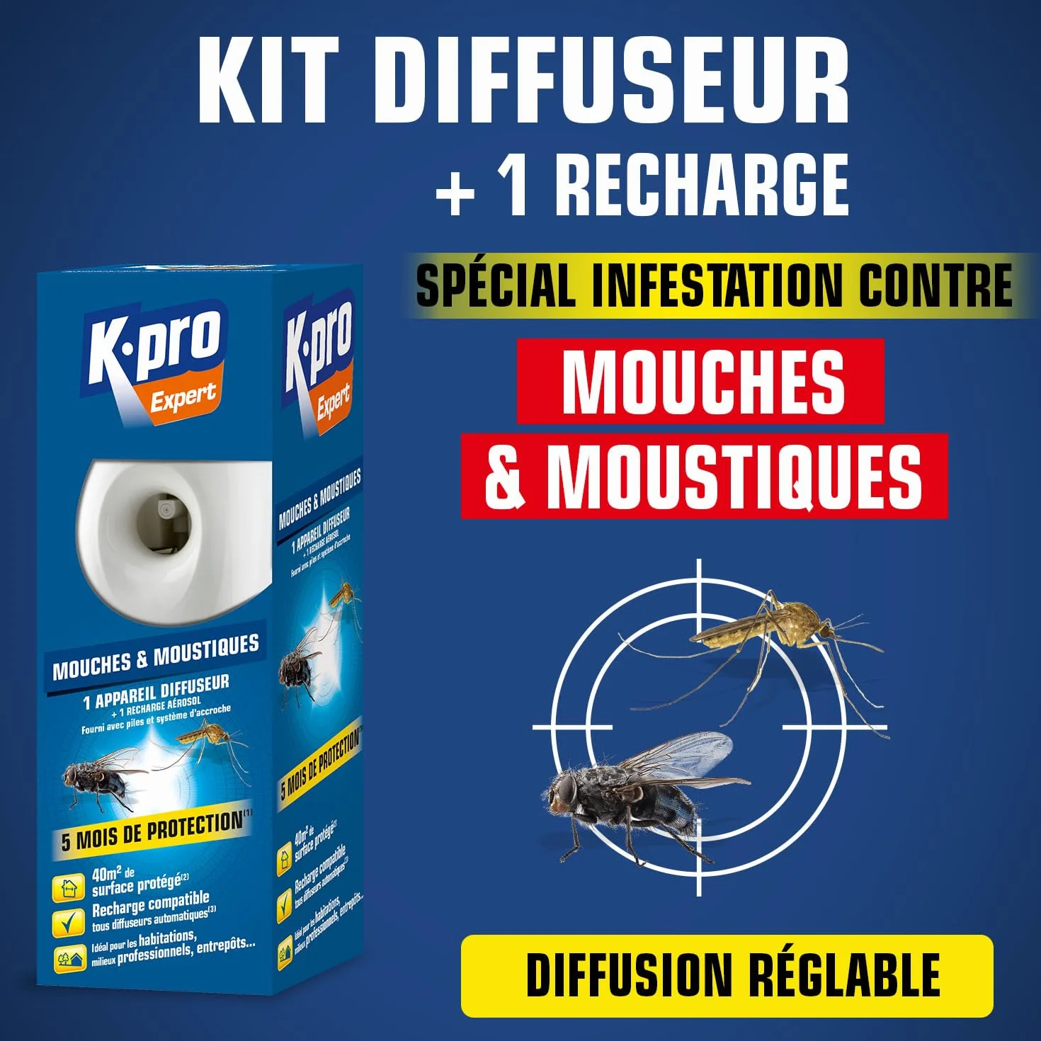K.PRO Diffuseur automatique contre mouches et moustiques 250 ml 5 mois protection programmable 3 fréquences 40 m²