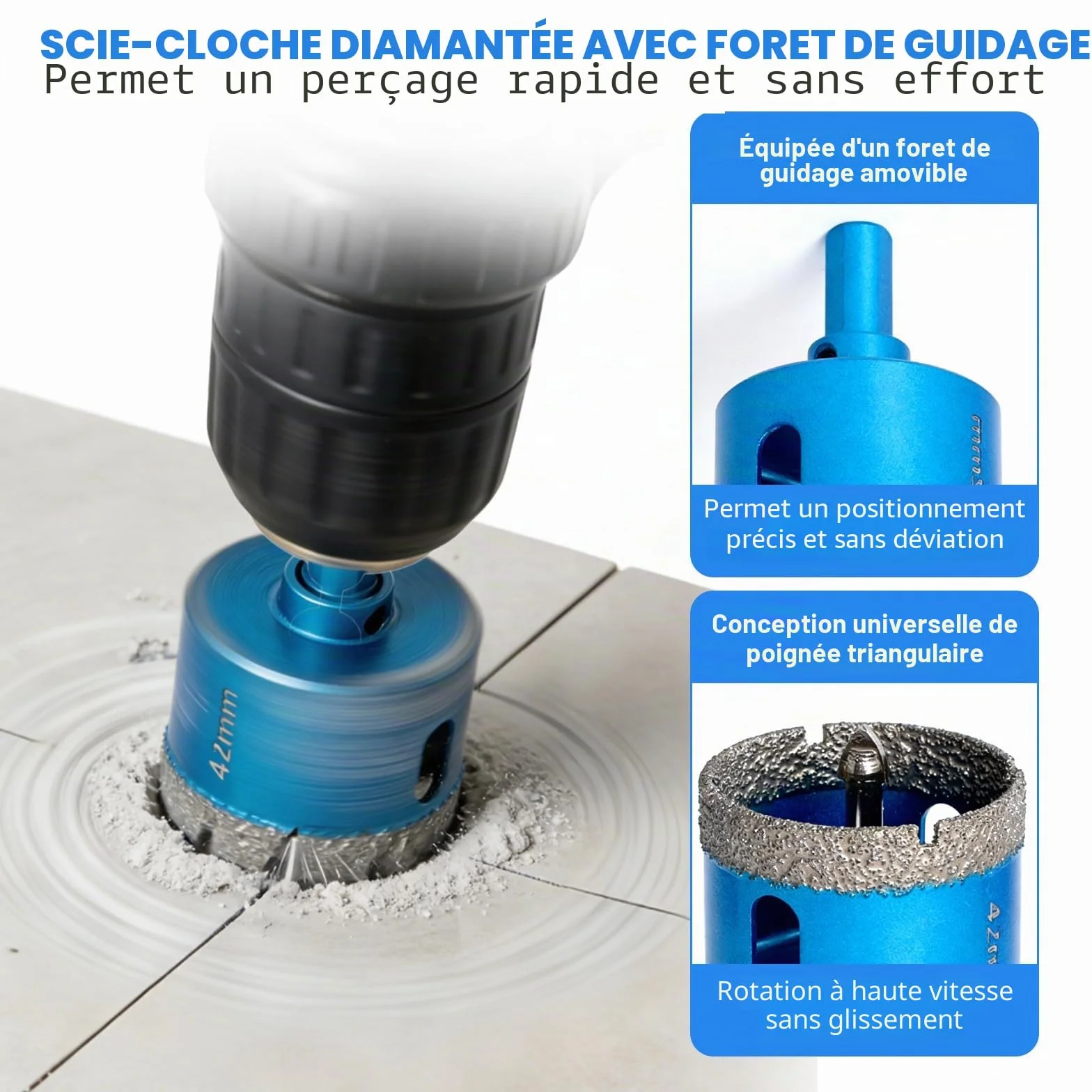 Lot de 4 Foret Diamant Sec 16/35/50/68 mm, Scie Cloche Diamantée Avec Foret de Centrage, Foret Trépan Diamant Pour un Perçage Précis sur la Porcelaine, la Céramique, le Granit et la Pierre