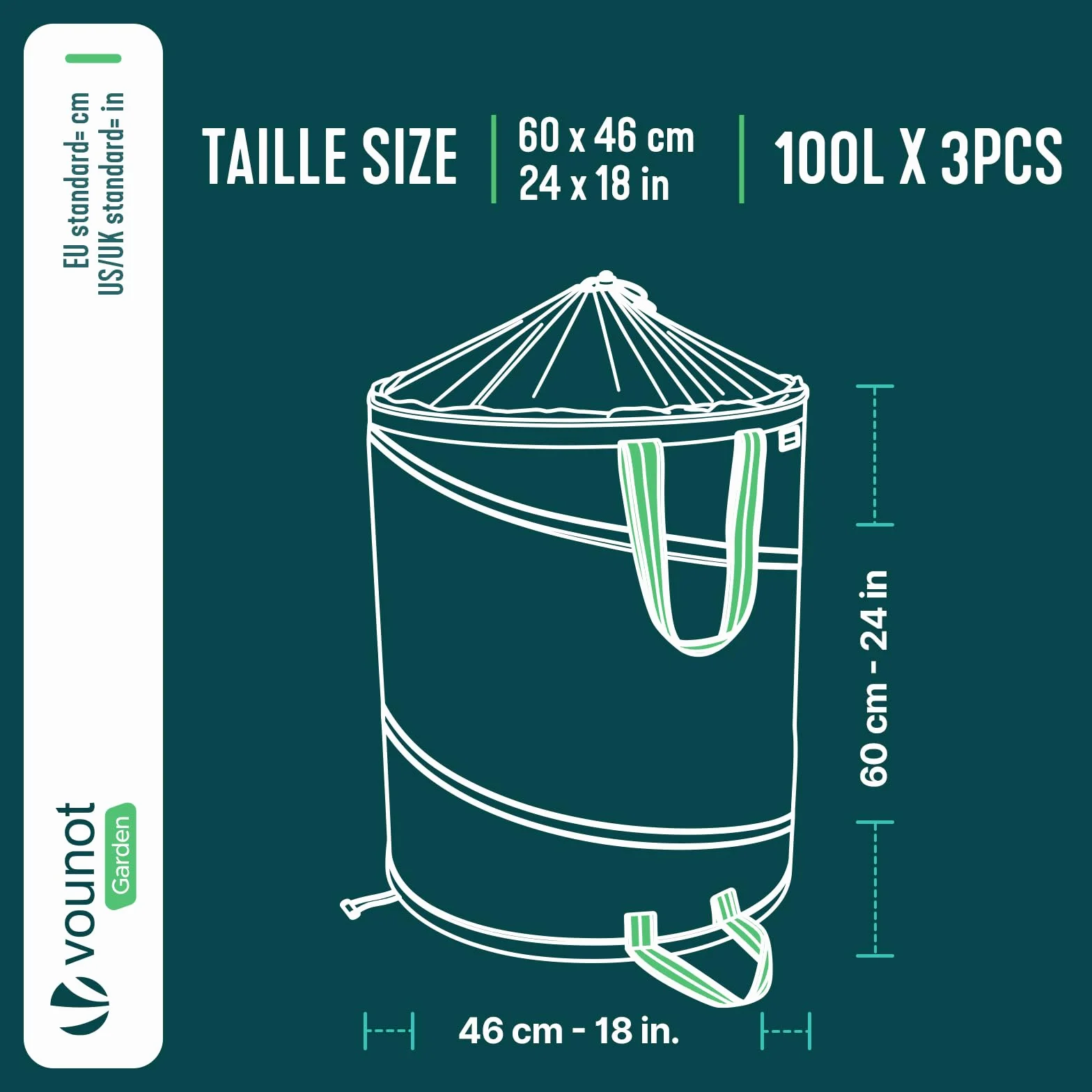 Lot de 3 Sac de Jardin Pop up 100L Polyéthylène Robuste avec Poignées Pliable Vert