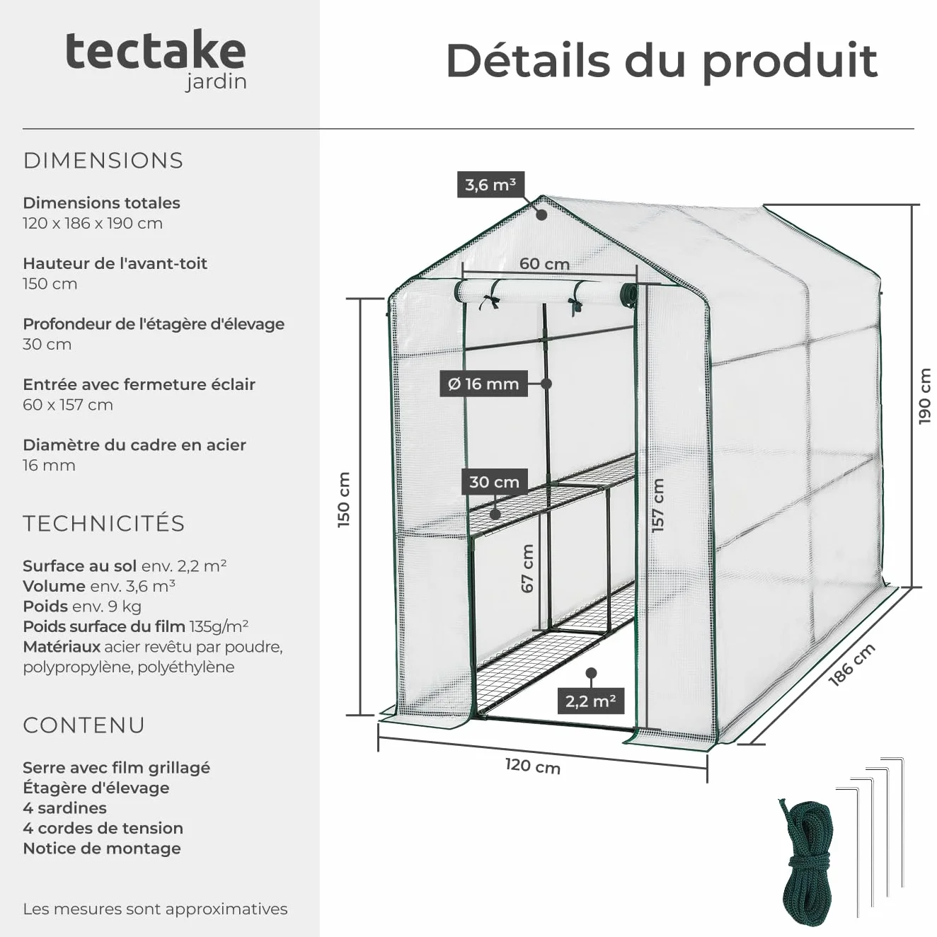tectake Serre de Jardin Acier Thermo-Laqué Plastique Anti UV 4 Grilles métal 186x120x190cm