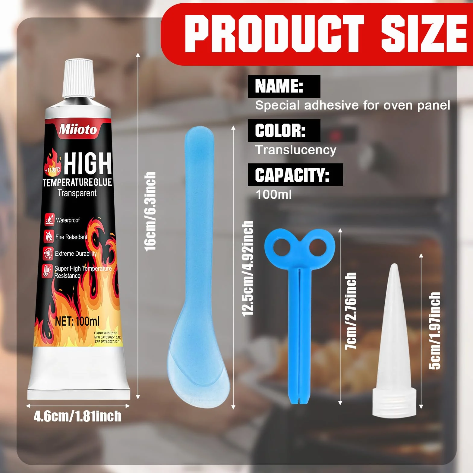 Miioto Colle Haute Temperature, Colle Refractaire, Colles Joint Poele a Bois, Silicone Haute Temperature aux Cheminées, Poêles, Boucliers Thermiques, Transparent, 100ml